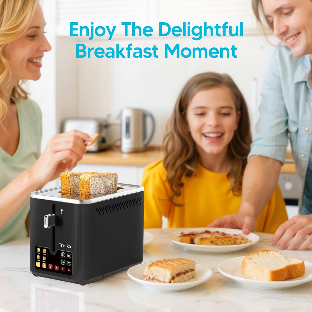 Trisiko Touch Screen Electric Toaster 2 Slice, Stainless Steel Smart Toaster with Digital Timer, 1.38" Extra-Wide Slots for Bread& Bagel, Great for Home, Office,Dorm (Black)