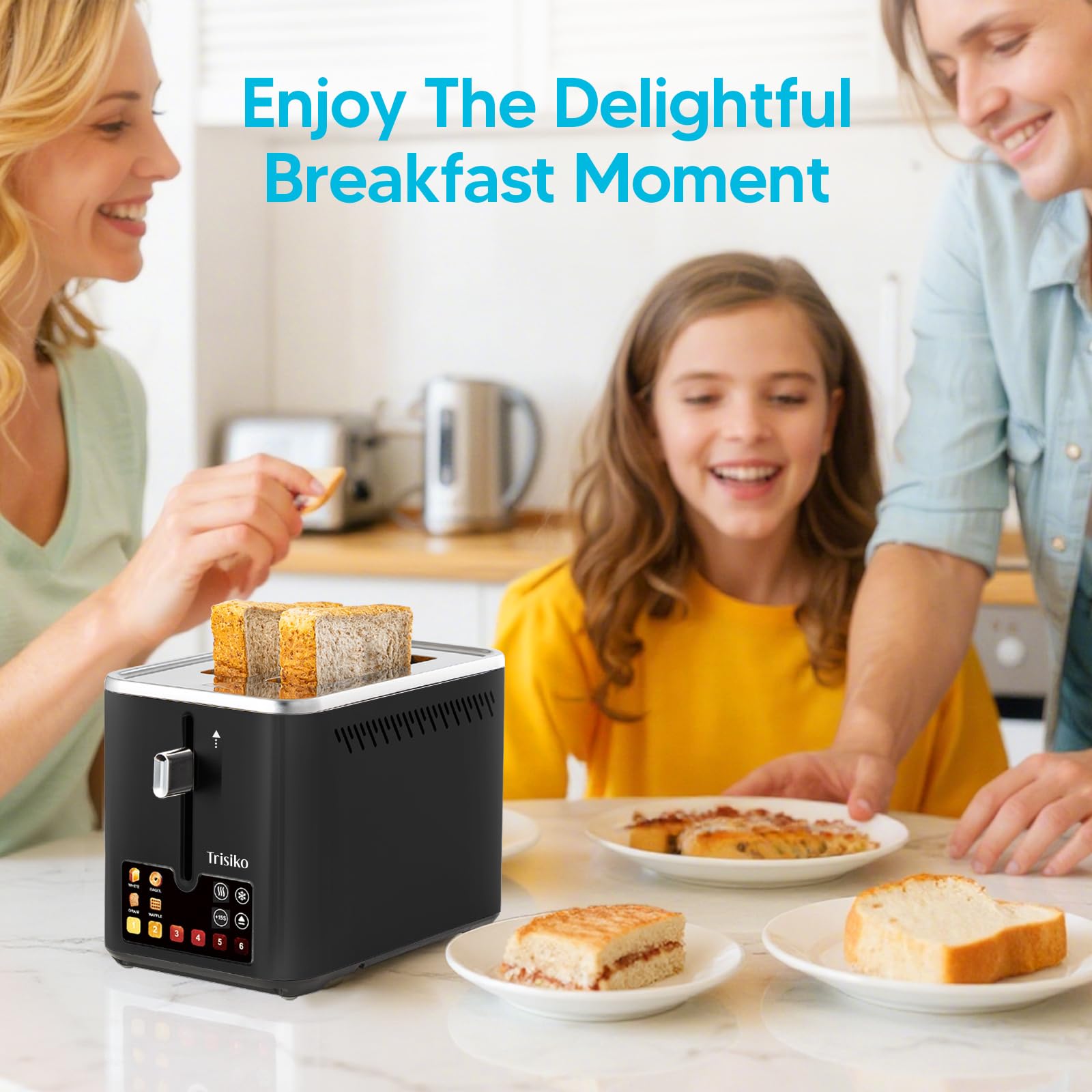 Trisiko Touch Screen Electric Toaster 2 Slice, Stainless Steel Smart Toaster with Digital Timer, 1.38" Extra-Wide Slots for Bread& Bagel, Great for Home, Office,Dorm (Black)