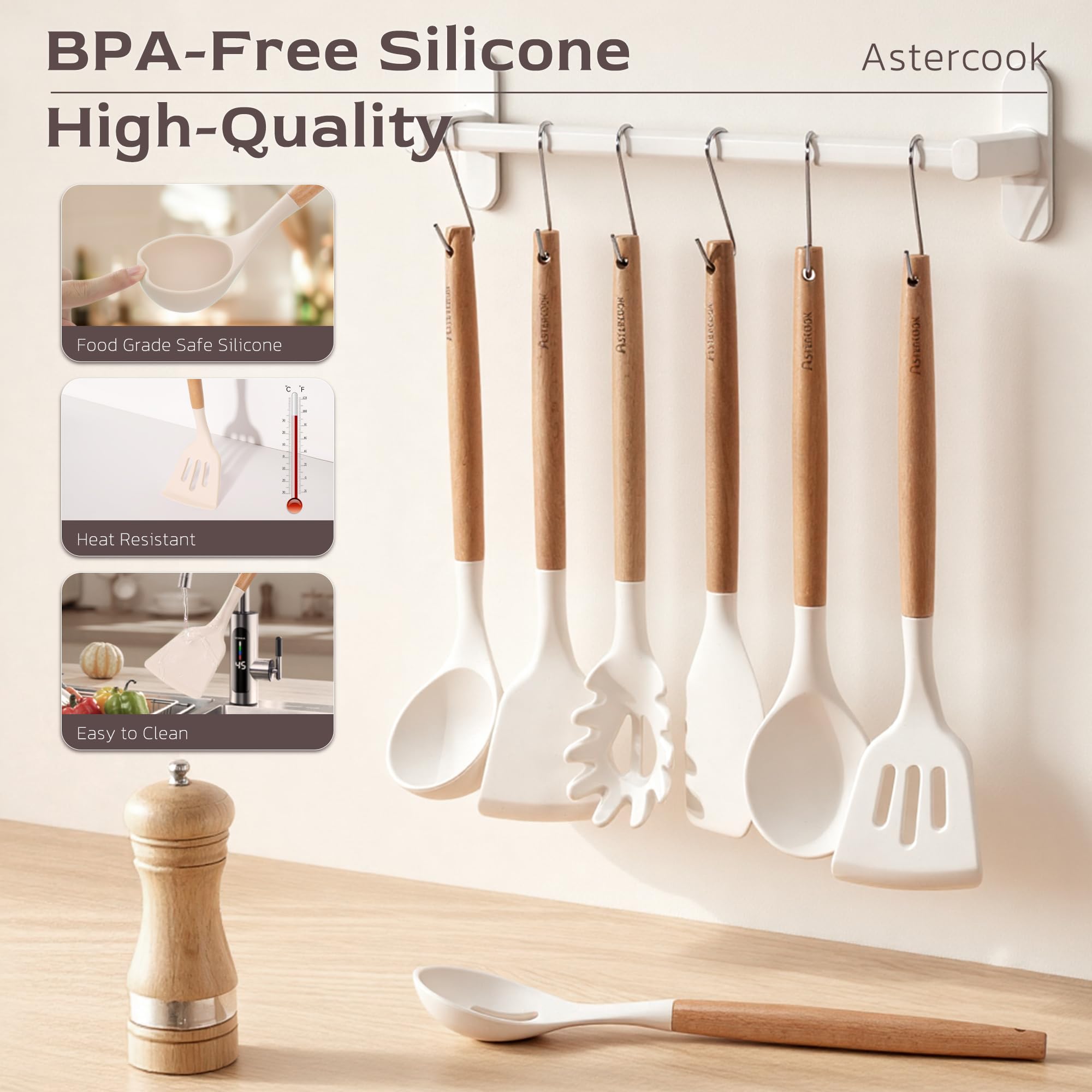 Astercook Kitchen Utensils set, 39 PCS Silicone Cooking Utensils Set with Wooden Handle, 446°F Heat Resistant Food Grade Utensil Sets, BPA Free Kitchen Gadgets Tools Set for Nonstick Cookware (Cream)