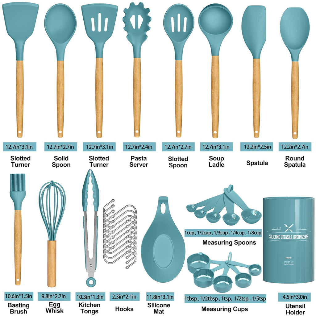 Umite Chef Kitchen Cooking Utensils Set, 33 pcs Non-stick Silicone Utensils Spatula Set with Holder, Silicone Kitchen Gadgets Utensil Set(Dark Blue)
