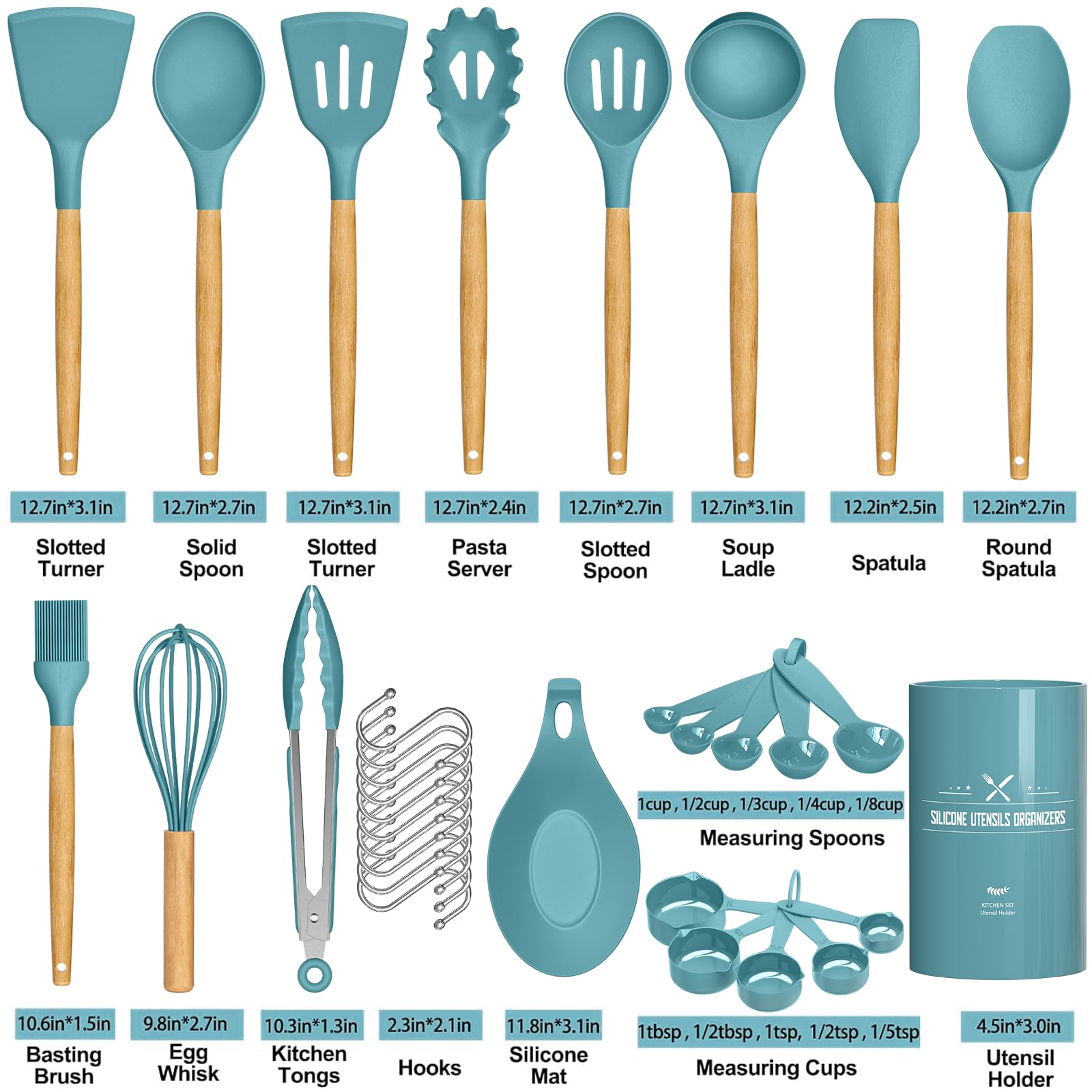 Umite Chef Kitchen Cooking Utensils Set, 33 pcs Non-stick Silicone Utensils Spatula Set with Holder, Silicone Kitchen Gadgets Utensil Set(Dark Blue)