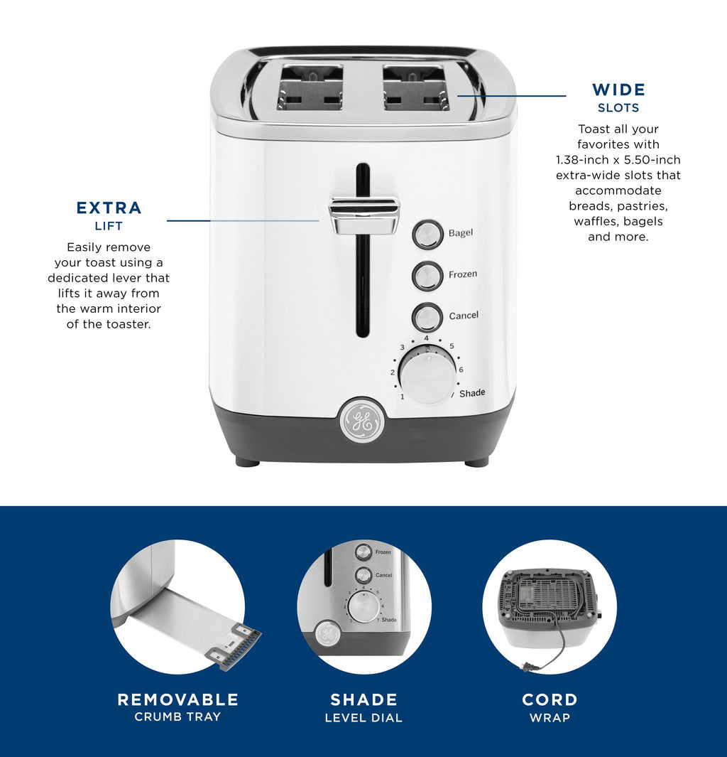 GE 2 Slice Toaster, Extra Wide Slots for Toasting Bagels, Breads, Waffles & More, 7 Adjustable Shade Settings, Removable Crumb Tray, Countertop Kitchen Essentials, 850 Watts, White