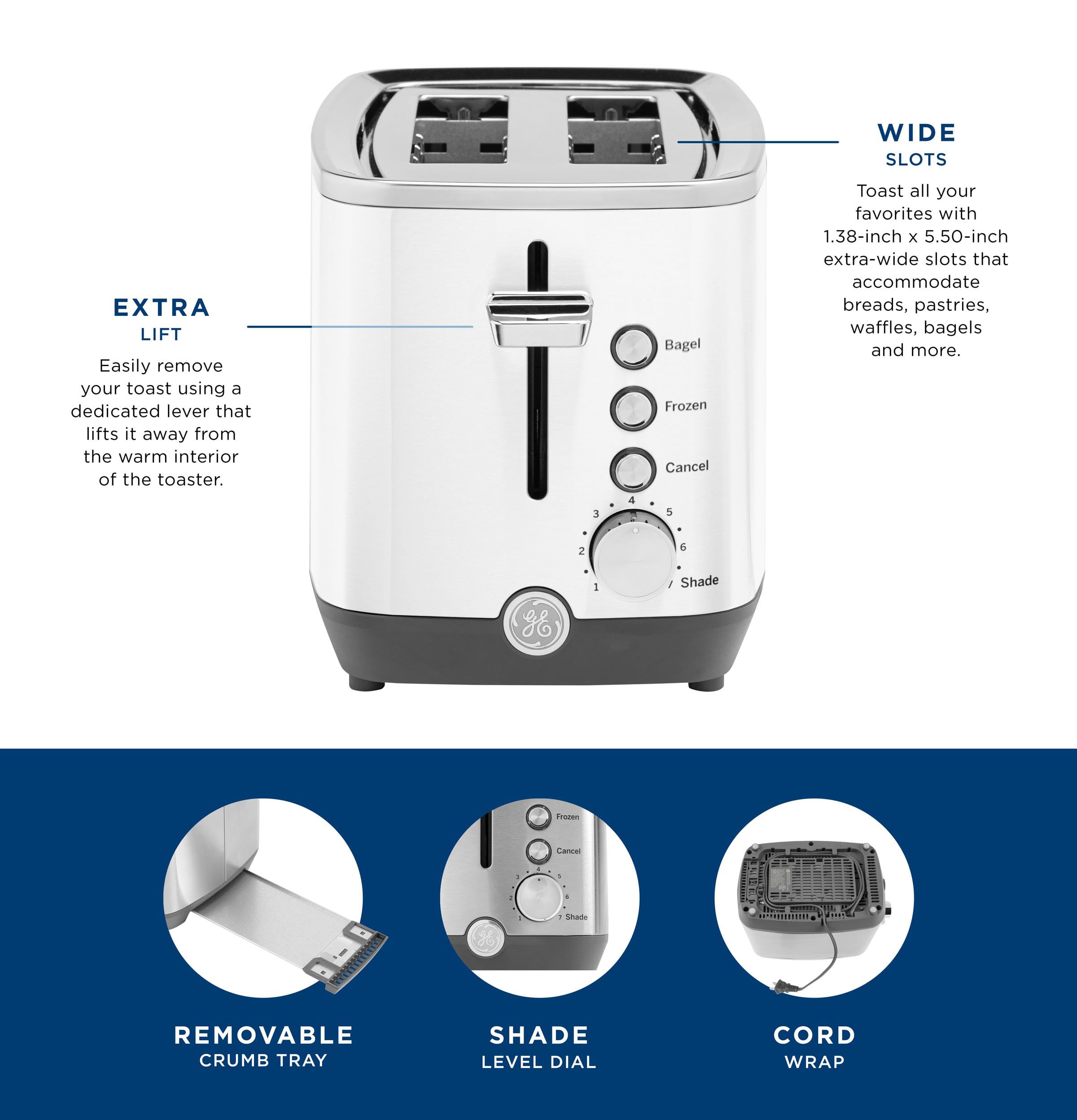 GE 2 Slice Toaster, Extra Wide Slots for Toasting Bagels, Breads, Waffles & More, 7 Adjustable Shade Settings, Removable Crumb Tray, Countertop Kitchen Essentials, 850 Watts, White