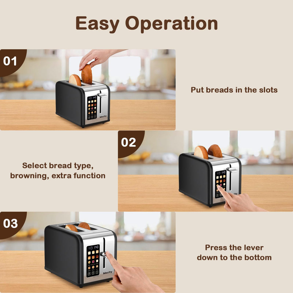 Mecity 2 Slice Touch Screen Toaster, 1.5" Wide Slot, Stainless Steel Smart Toaster for Bagels, Muffins, Waffles, Gluten-Free Breads, Defrost, Reheat, Timer, 120V 825W, Matt Black
