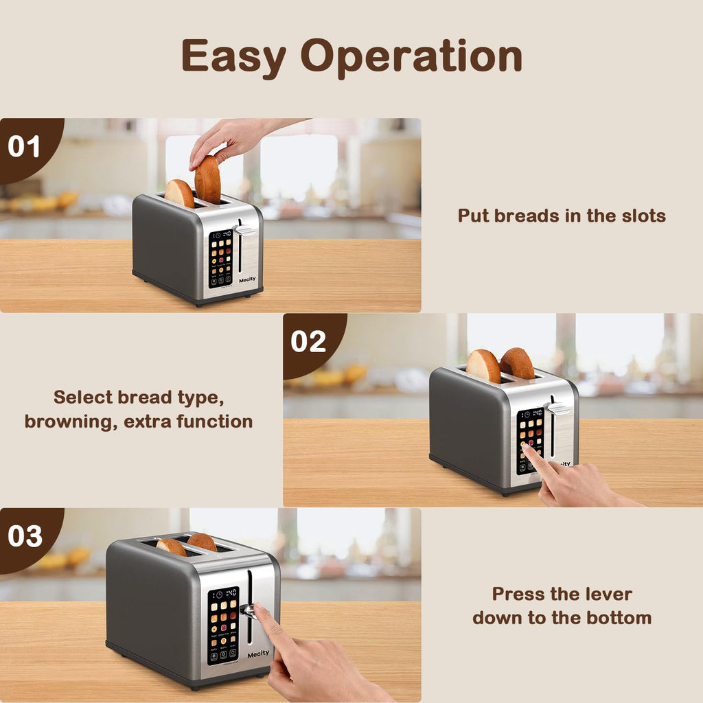 Mecity 2 Slice Touch Screen Toaster, 1.5" Wide Slot, Stainless Steel Smart Toaster for Bagels, Muffins, Waffles, Gluten-Free Breads, Defrost, Reheat, Timer, 120V 825W, Grey Pearl