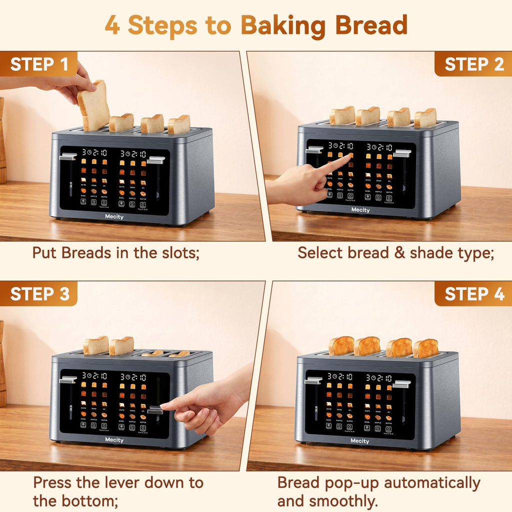 Mecity 4 Slice Touchscreen Toaster, 6 Bread Modes & 6 Browning Levels, Dual Touch Control Wide Slot Stainless Steel Electric Toaster with Memory, Defrost, 3-Min Auto Shutoff for White, Bagels, Waffles