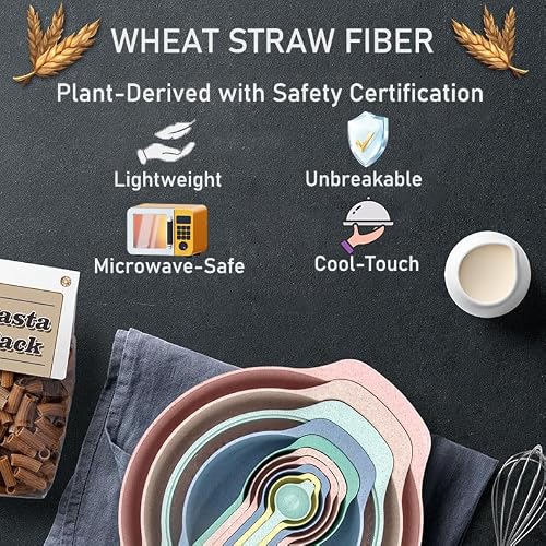 Foni Fox Plastic Mixing Bowls Set 8/10 PCS with Measuring Spoon, Colorful Serving Bowls for Kitchen, Ideal for Baking, Prepping, Nesting Bowls for Space Saving Storage (Wheat)