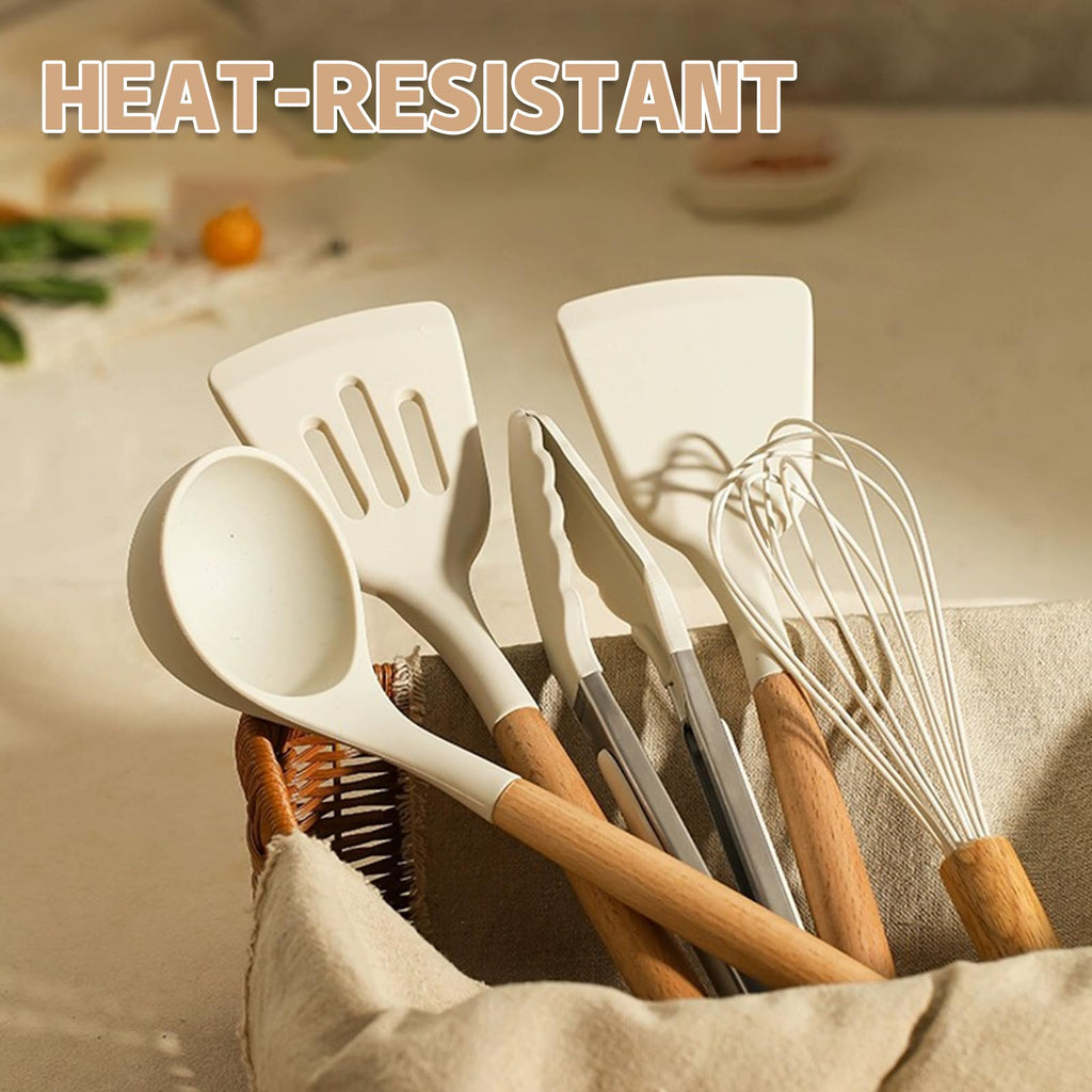 Umite Chef Kitchen Cooking Utensils Set, 33 pcs Non-stick Silicone Cooking Kitchen Utensils Spatula Set with Holder, Wooden Handle Silicone Kitchen Gadgets Utensil Set (Cream White)