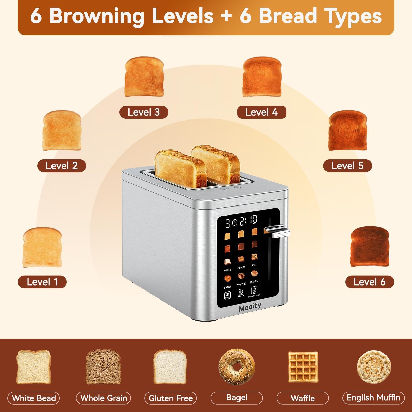 Mecity 2 Slice Toaster Smart Touchscreen, Stainless Steel Wide Slot Toasters Defrost, Reheat, Memory Function, Auto Shutoff, Digital Electric Bread Toaster for Bagel Muffin Waffle, 120V