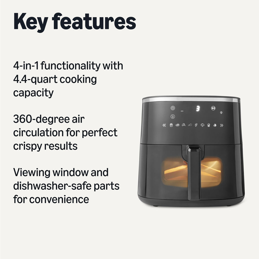 Amazon Basics 4.4-Quart Air Fryer with Easy View Window, 8 Preset Menus, 1400W, Black