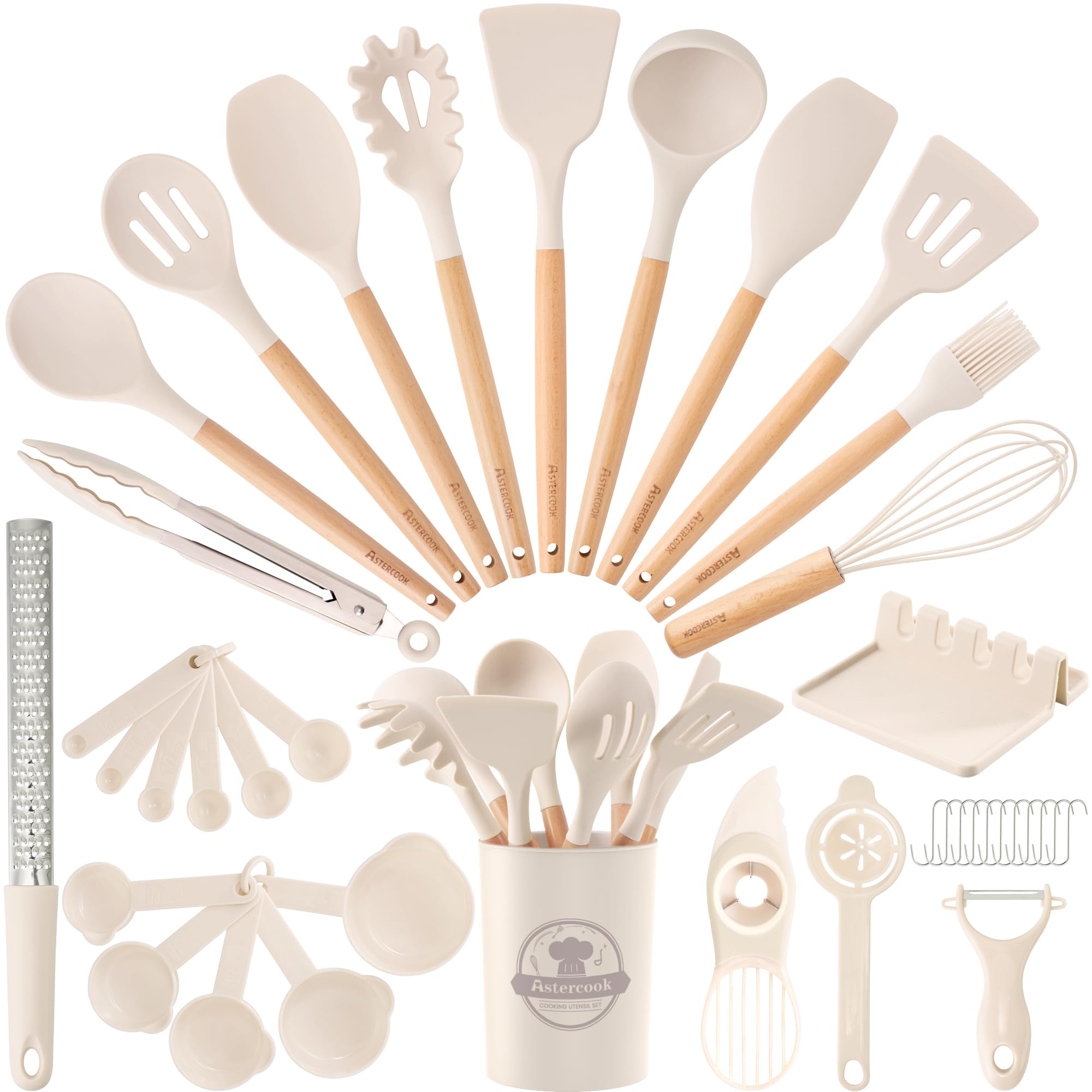 Astercook Kitchen Utensils set, 39 PCS Silicone Cooking Utensils Set with Wooden Handle, 446°F Heat Resistant Food Grade Utensil Sets, BPA Free Kitchen Gadgets Tools Set for Nonstick Cookware (Cream)