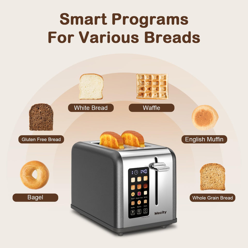 Mecity 2 Slice Touch Screen Toaster, 1.5" Wide Slot, Stainless Steel Smart Toaster for Bagels, Muffins, Waffles, Gluten-Free Breads, Defrost, Reheat, Timer, 120V 825W, Grey Pearl