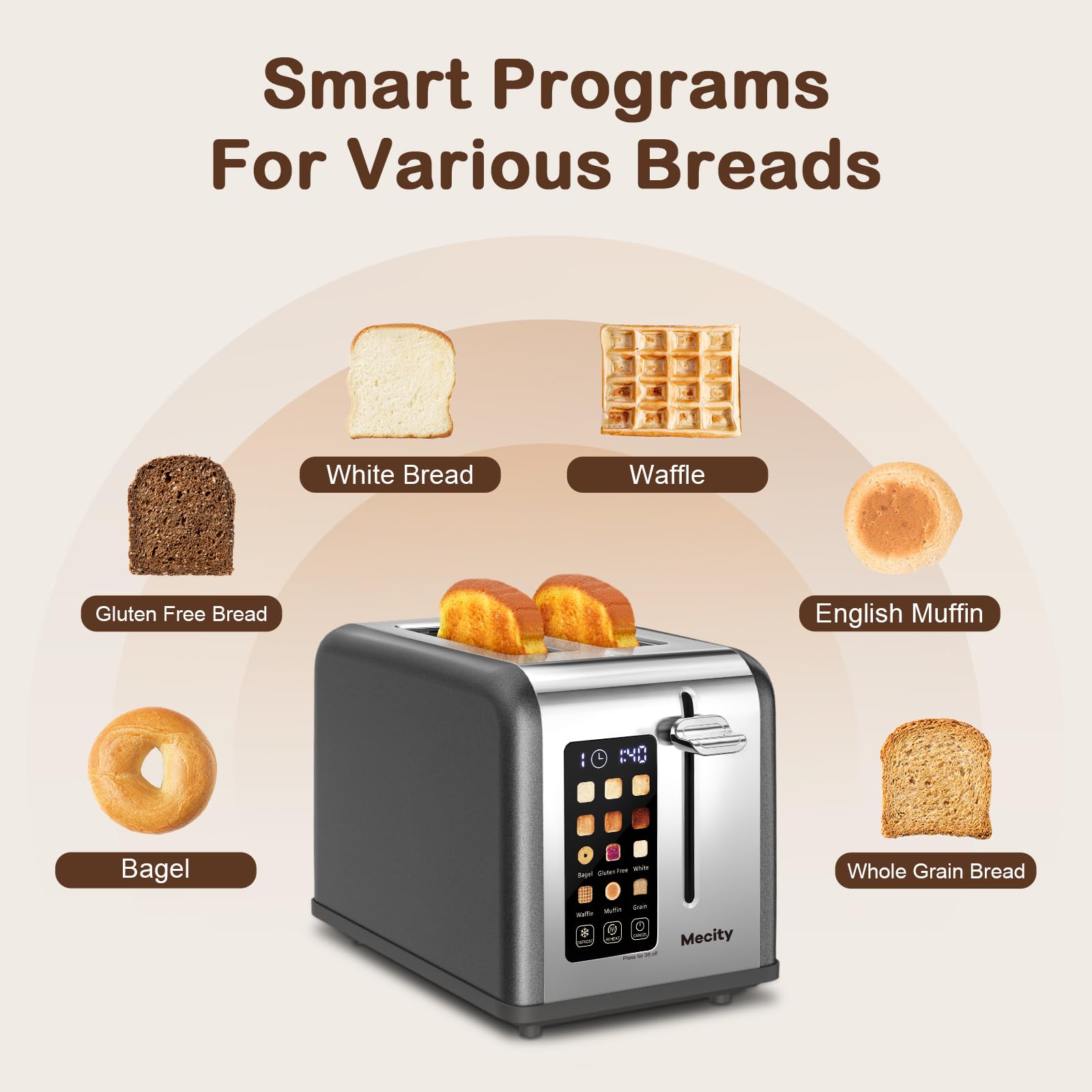 Mecity 2 Slice Touch Screen Toaster, 1.5" Wide Slot, Stainless Steel Smart Toaster for Bagels, Muffins, Waffles, Gluten-Free Breads, Defrost, Reheat, Timer, 120V 825W, Grey Pearl