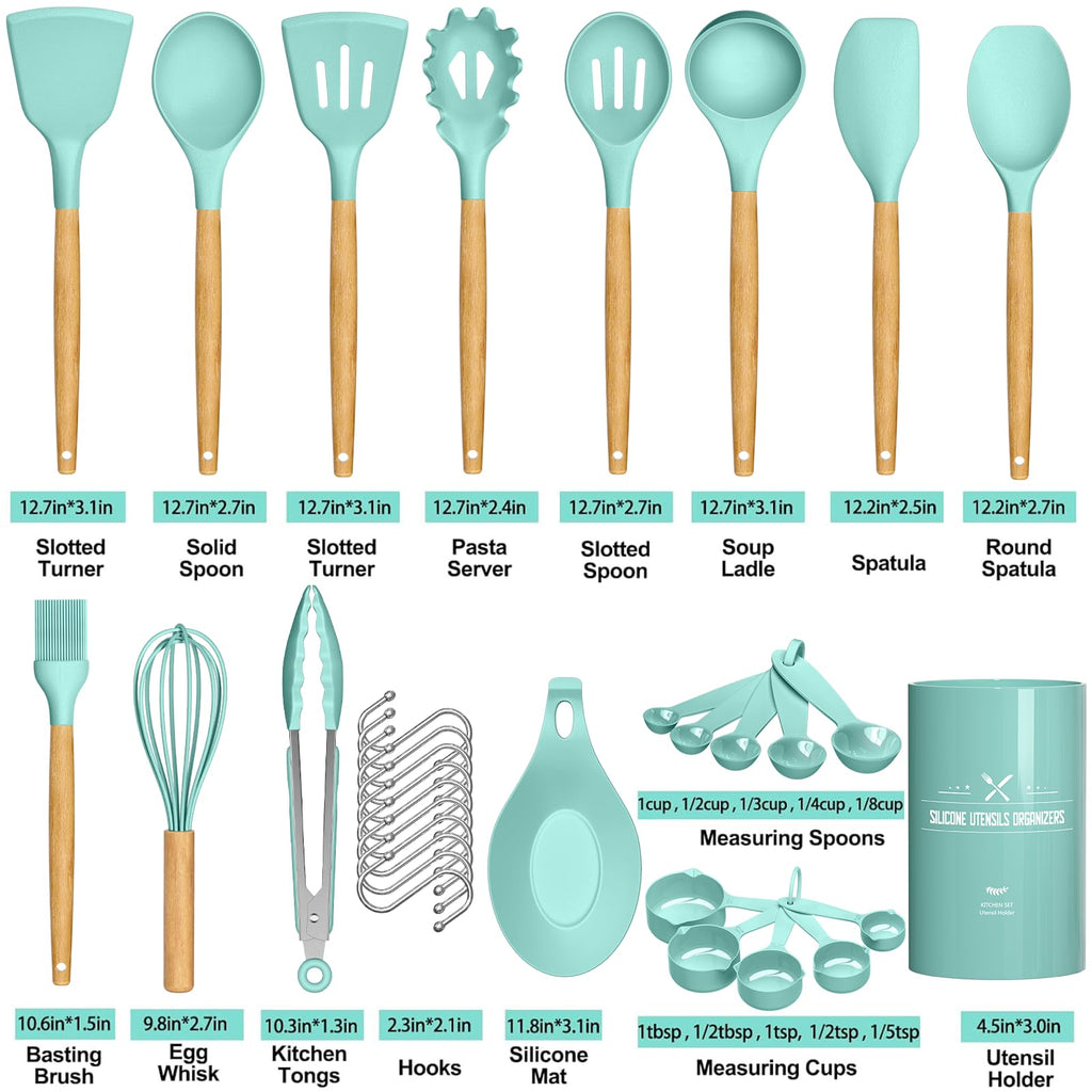 Umite Chef Kitchen Cooking Utensils Set, 24 pcs Non-stick Silicone Cooking Kitchen Utensils Spatula Set with Holder, Wooden Handle Heat Resistant Silicone Kitchen Gadgets Utensil Set (Green)
