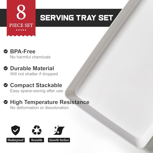 8 Pack, 16" x 11" Large White Serving Trays Set - Reusable Plastic Serving Platters for Cookie, Appetizer, Charcuterie, Snack, Dessert, Party Food Display - Stackable Kitchen CounterTop Tray, BPA Free - My Kitchen Products