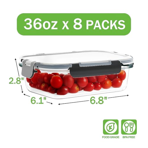 8 Pack 36oz Large Glass Meal Prep Containers with lids, Glass Food Storage Containers with Leak Proof Snap Lock Lids , Airtight Bento lunch Boxes, Kitchen Storage, Oven, Freezer and Dishwasher Safe - My Kitchen Products