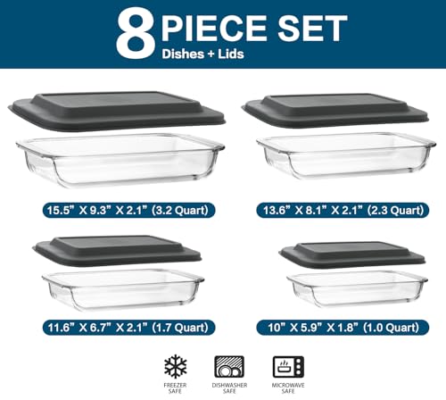8-Piece Deep Glass Baking Dish Set with Plastic lids,Rectangular Glass Bakeware Set with Lids, Baking Pans for Lasagna, Leftovers, Cooking, Kitchen, Freezer-to-Oven and Dishwasher, Gray - My Kitchen Products