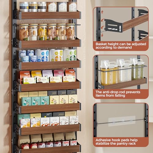 8-Tier Pantry Door Organizer, Over the Door Pantry Organizer with Wooden Adjustable Baskets, 2 IN 1 Spice Rack Wall Mount or Door Organizer, Door Spice Rack for Pantry（72.6×17.1×5.1in,Black) - My Kitchen Products