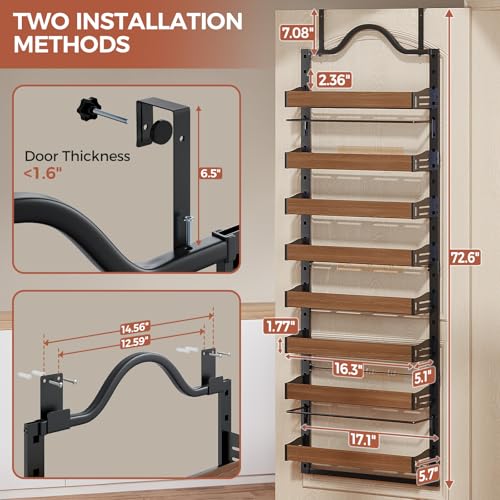 8-Tier Pantry Door Organizer, Over the Door Pantry Organizer with Wooden Adjustable Baskets, 2 IN 1 Spice Rack Wall Mount or Door Organizer, Door Spice Rack for Pantry（72.6×17.1×5.1in,Black) - My Kitchen Products