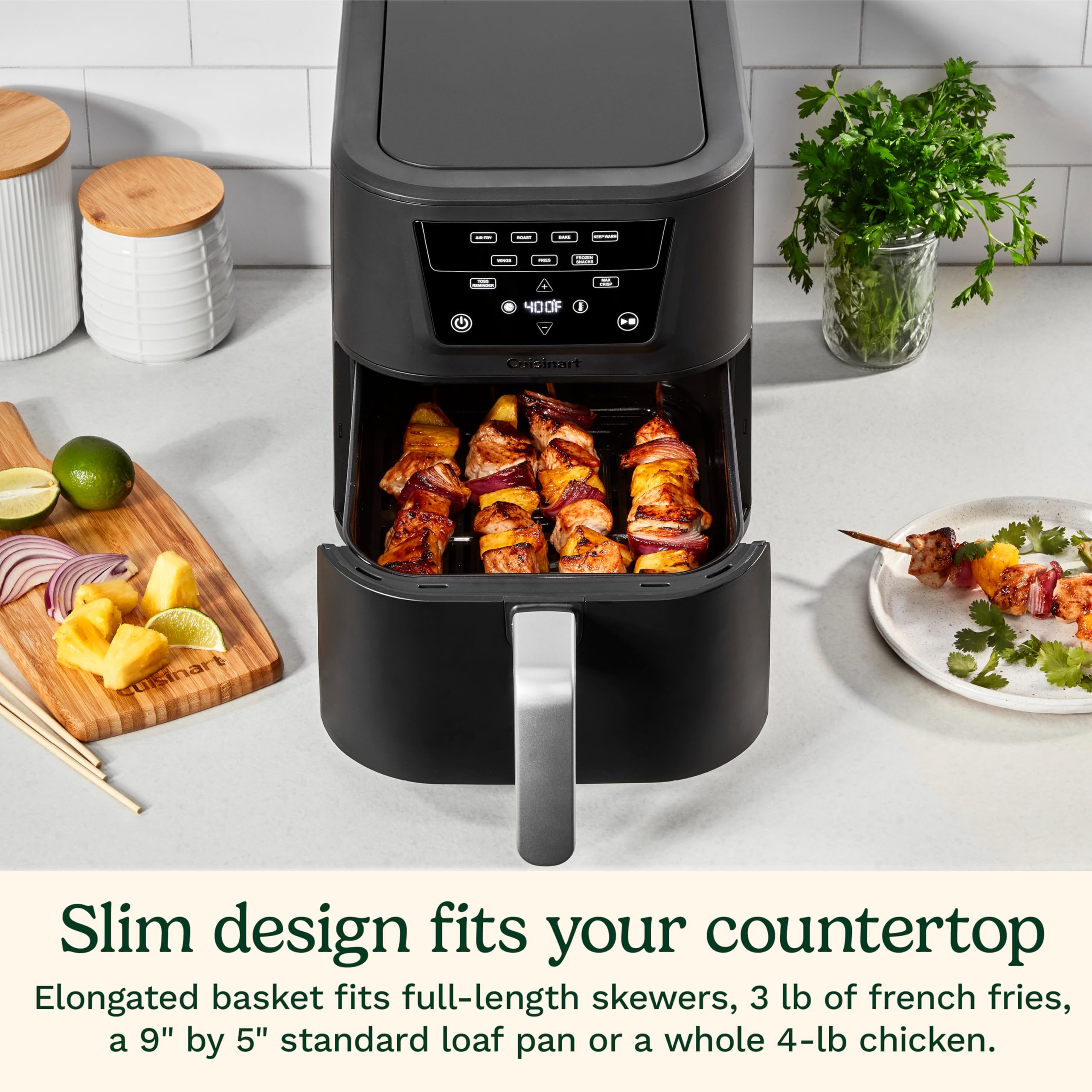 Cuisinart CompactMax 8-Quart Basket Air Fryer for Large Family Meals, Compact Ceramic Countertop Fits a 4.5-lb Chicken, 4-in-1 Air Fry, Roast, Bake & Keep Warm, Easy-Clean Dishwasher-Safe, AIR-210