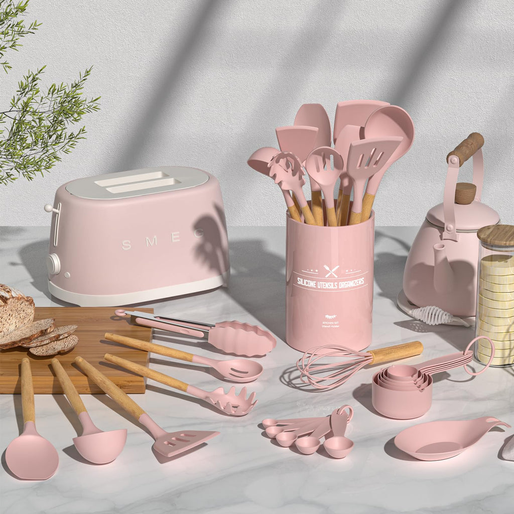 Umite Chef Silicone Kitchen Utensils Set, 33 Piece Non-Stick Kitchen Utensils with Stand, Wooden Handle, Pink
