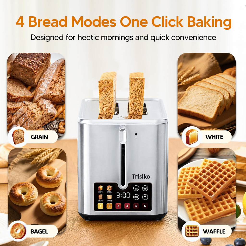 Trisiko Touch Screen Electric Toaster 2 Slice, Stainless Steel Smart Toaster with Digital Timer, 1.38" Extra-Wide Slots for Bread& Bagel, Great for Home, Office,Dorm