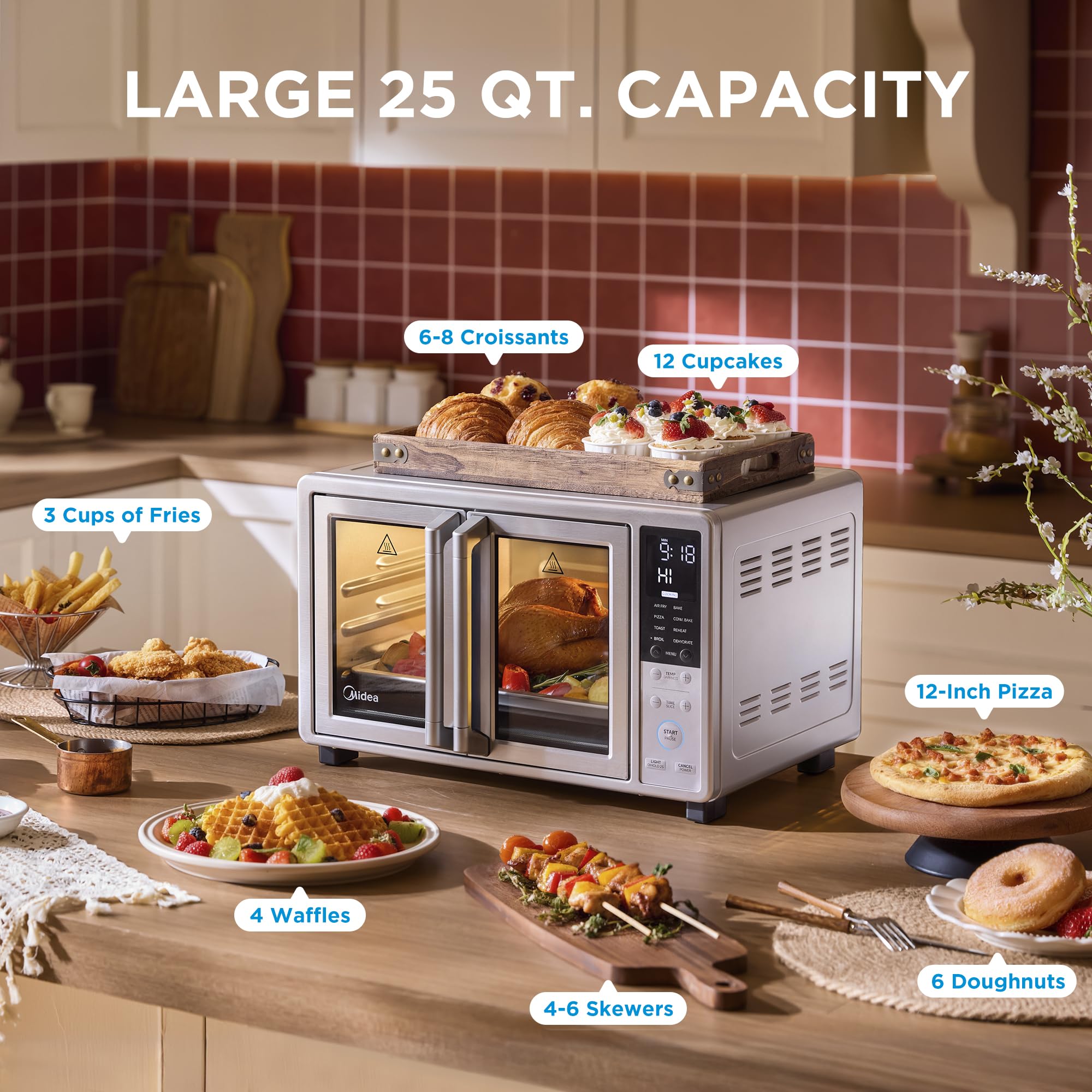 Midea Flexify Slim 8-in-1 French Door Toaster Oven Air Fryer Combo, Compact Countertop Oven with Infrared SpeedHeat, 25 Quart Capacity, Stainless Steel