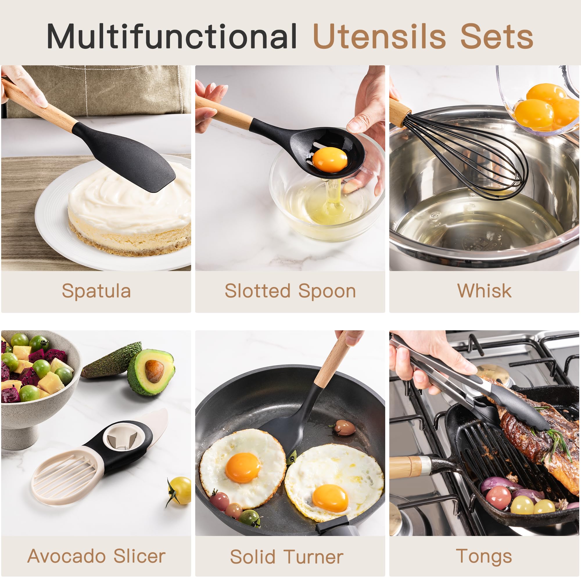 Astercook 39 PCS Kitchen Utensils Set, Silicone Cooking Utensil Sets with Wooden Handle, 446°F Heat Resistant Food Grade Spatula Set, BPA Free Kitchen Gadgets Tools Set & Spoons for Nonstick Cookware
