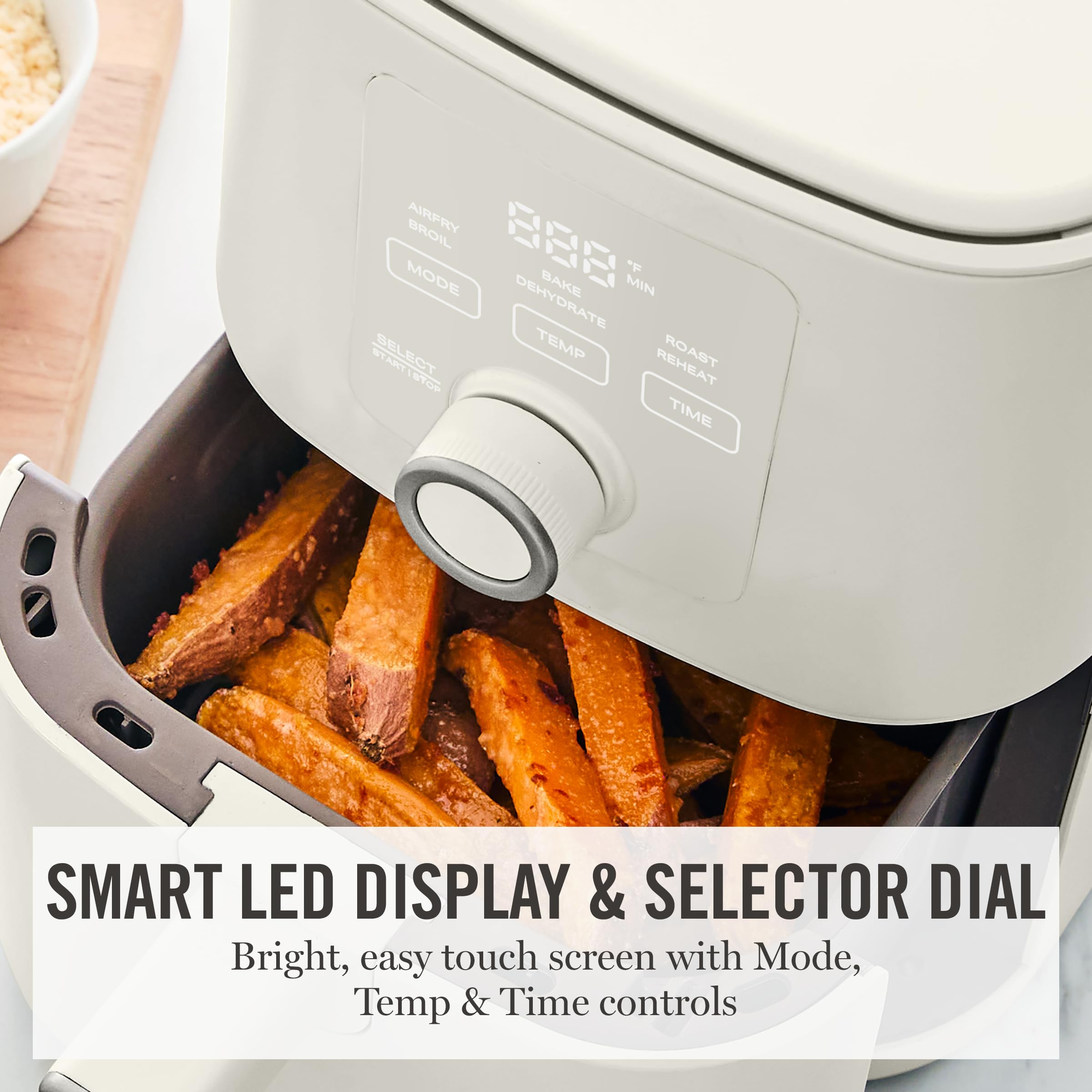 Martha Stewart 6QT Air Fryer, 6-in-1, Bake, Broil, Roast, Air Fry, Dehydrate, Reheat, Ceramic Non-Stick Basket, Crispy Results Fast, 400°F Max Temp, Shake Reminder, Linen Cream
