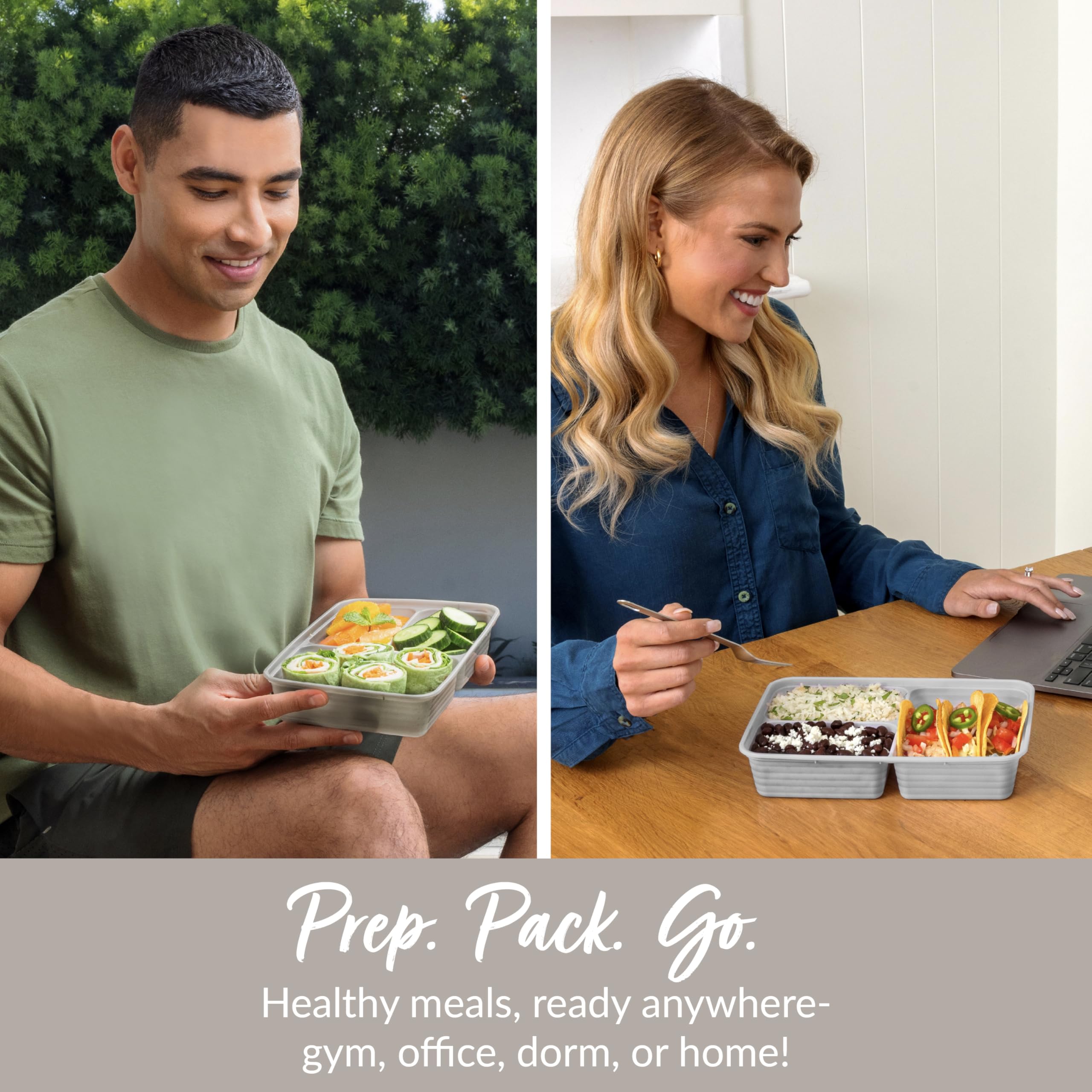 Bentgo Prep - 20-Piece 3-Compartment Reusable Meal Prep Containers with Lids, PFAS & BPA Free Materials, Durable, Microwave, Freezer, & Dishwasher Safe To Go Food Storage (Stone Gray)