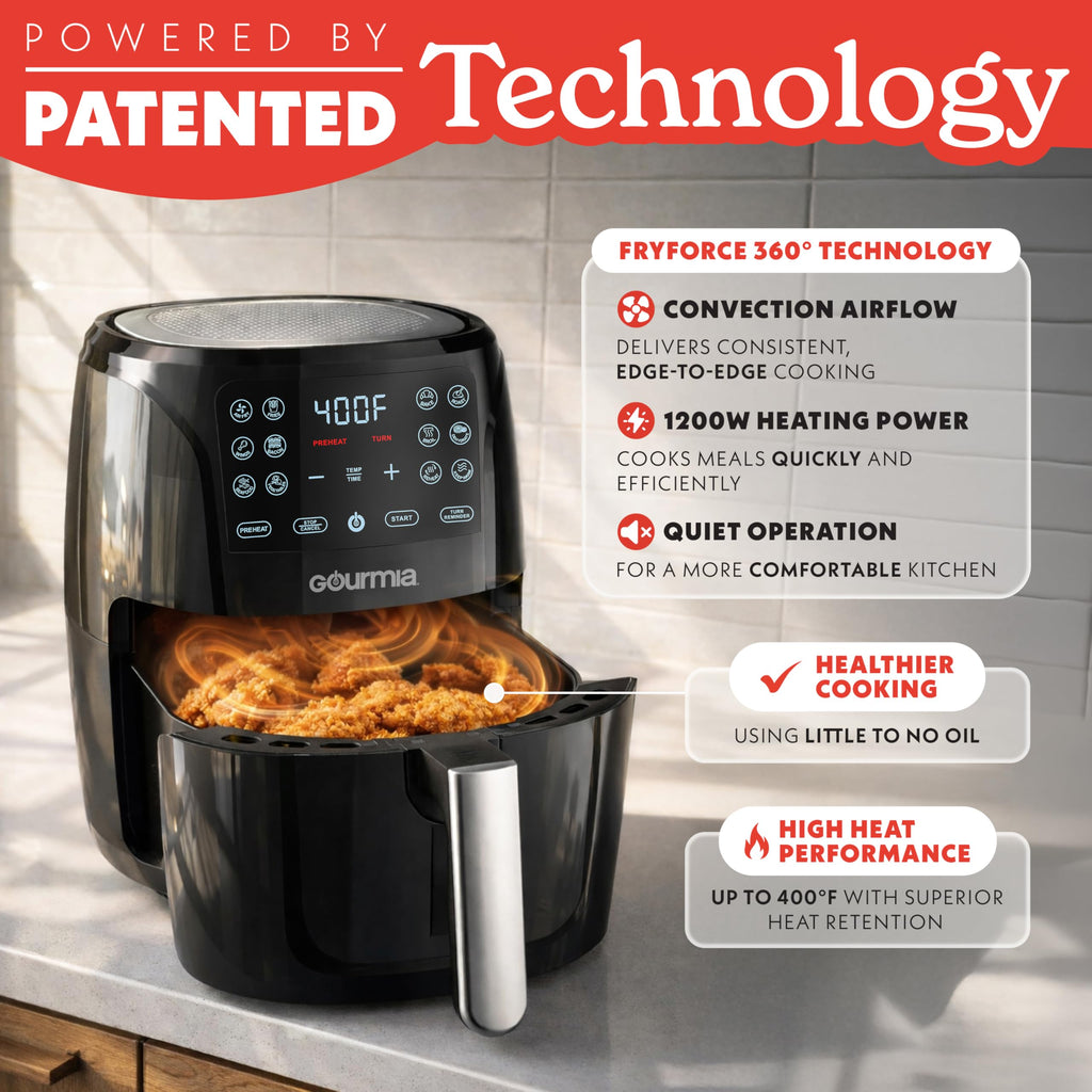 Gourmia Air Fryer - 6 Qt Large Capacity, FryForce 360º, Digital Display with 12 Presets, Roast, Bake, Broil, Dehydrate, Dishwasher Safe Accessories, Black