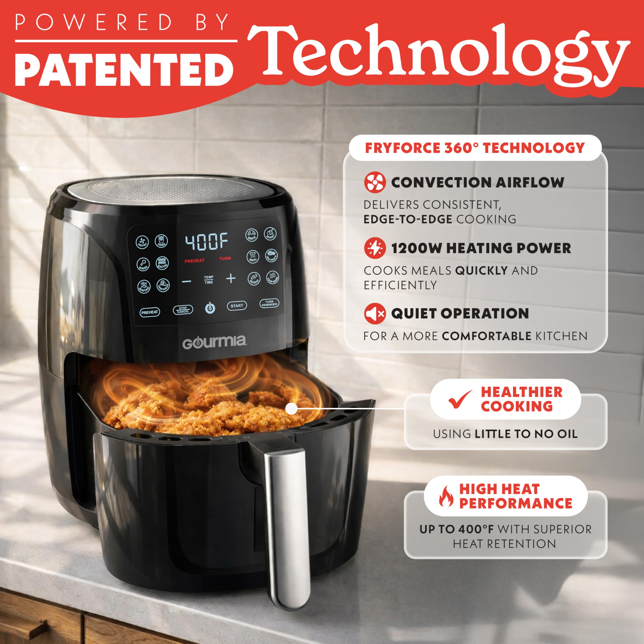 Gourmia Air Fryer - 6 Qt Large Capacity, FryForce 360º, Digital Display with 12 Presets, Roast, Bake, Broil, Dehydrate, Dishwasher Safe Accessories, Black