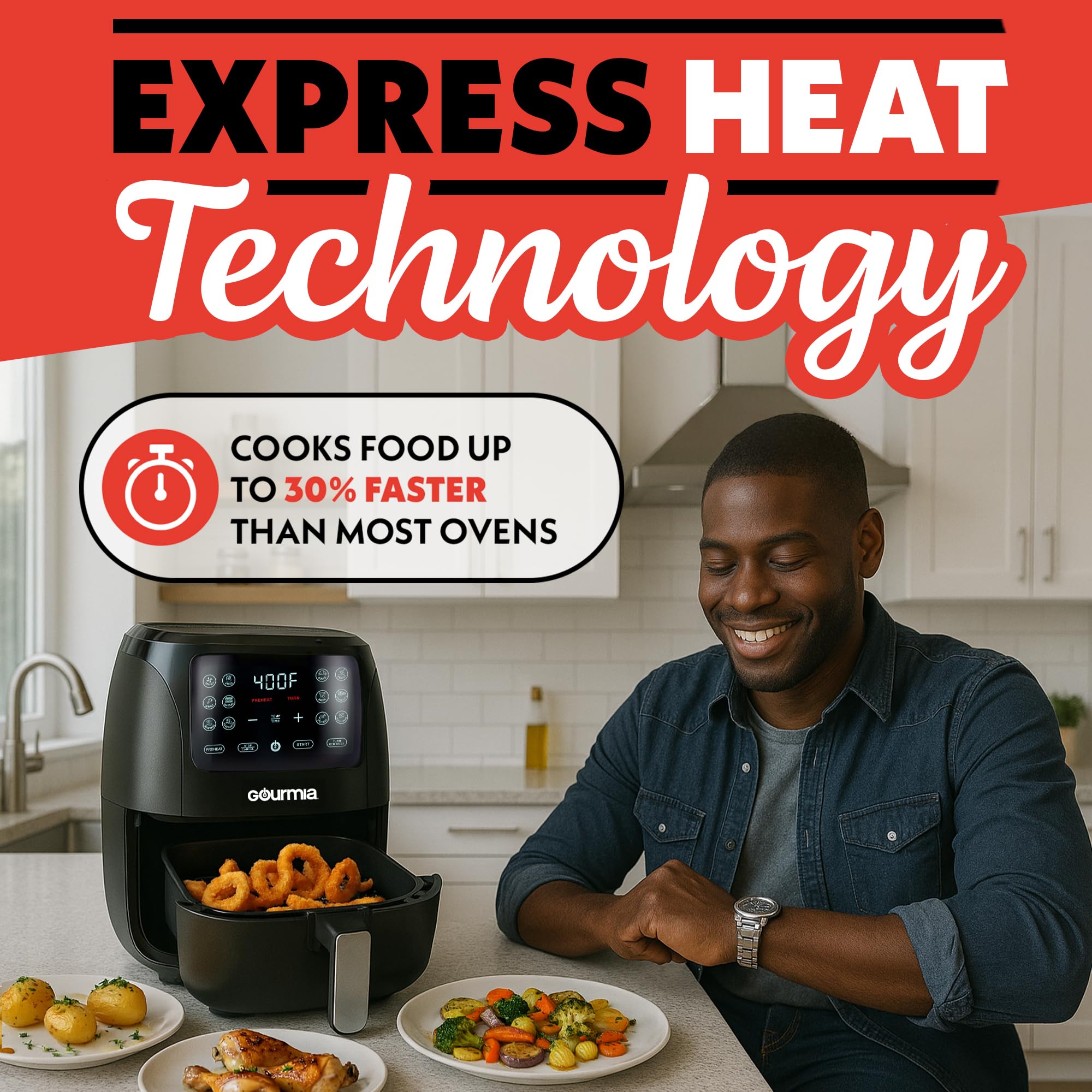 Gourmia Air Fryer - 4 Qt Capacity, FryForce360º, Digital Display with 8 Presets, Roast, Bake, Broil, Dehydrate, Dishwasher Safe Accessories, Compact, Black
