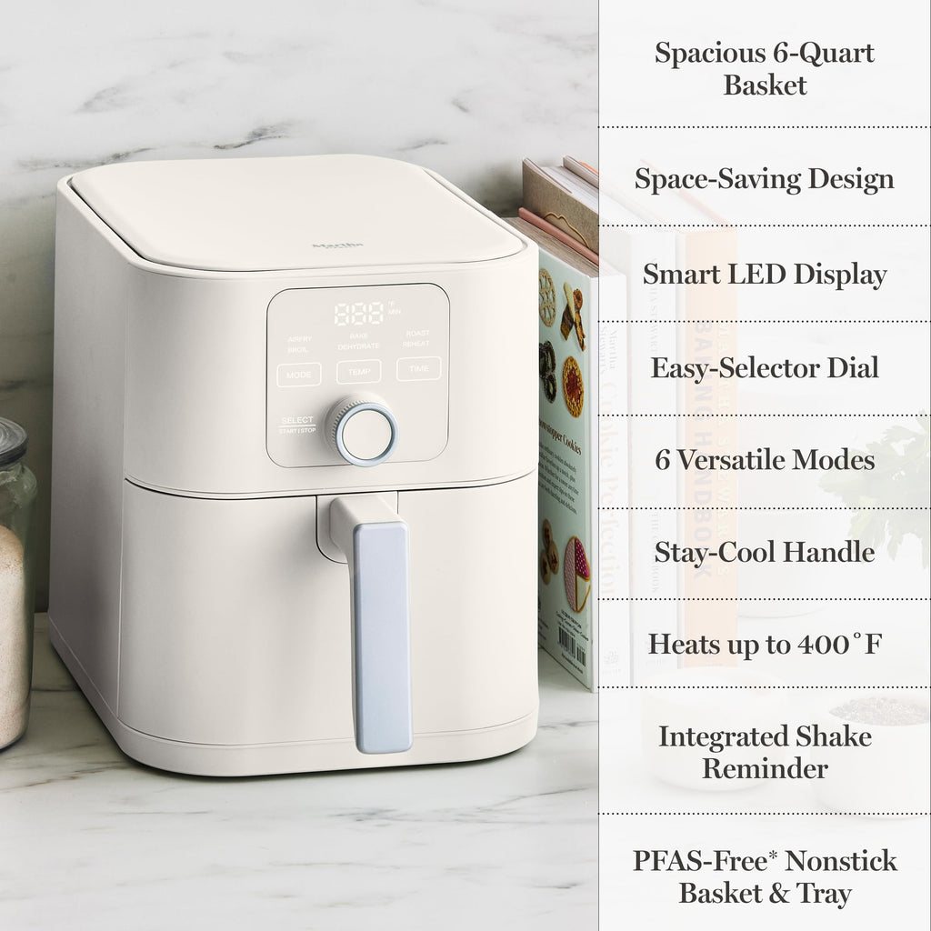 Martha Stewart 6QT Air Fryer, 6-in-1, Bake, Broil, Roast, Air Fry, Dehydrate, Reheat, Ceramic Non-Stick Basket, Crispy Results Fast, 400°F Max Temp, Shake Reminder, Linen Cream