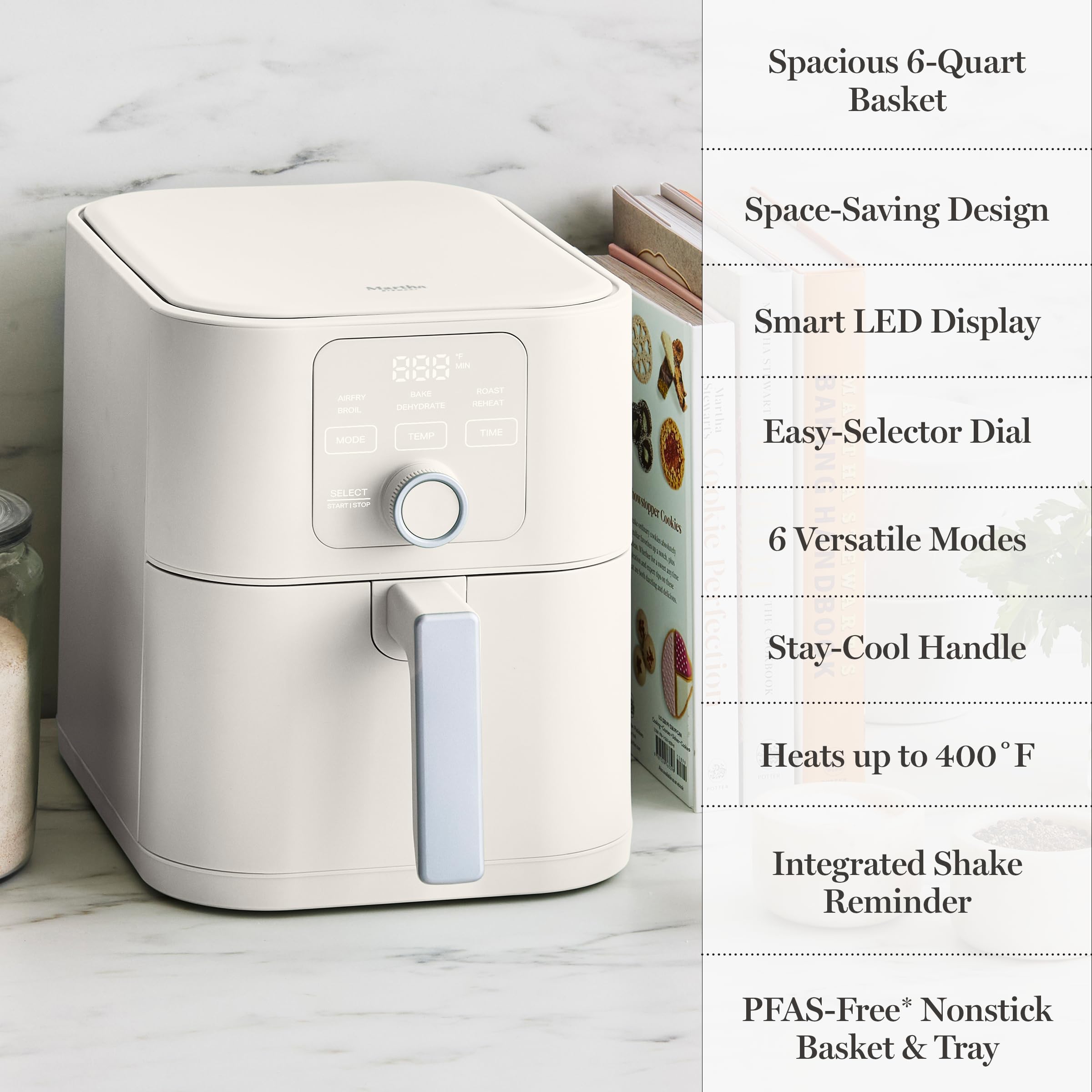 Martha Stewart 6QT Air Fryer, 6-in-1, Bake, Broil, Roast, Air Fry, Dehydrate, Reheat, Ceramic Non-Stick Basket, Crispy Results Fast, 400°F Max Temp, Shake Reminder, Linen Cream