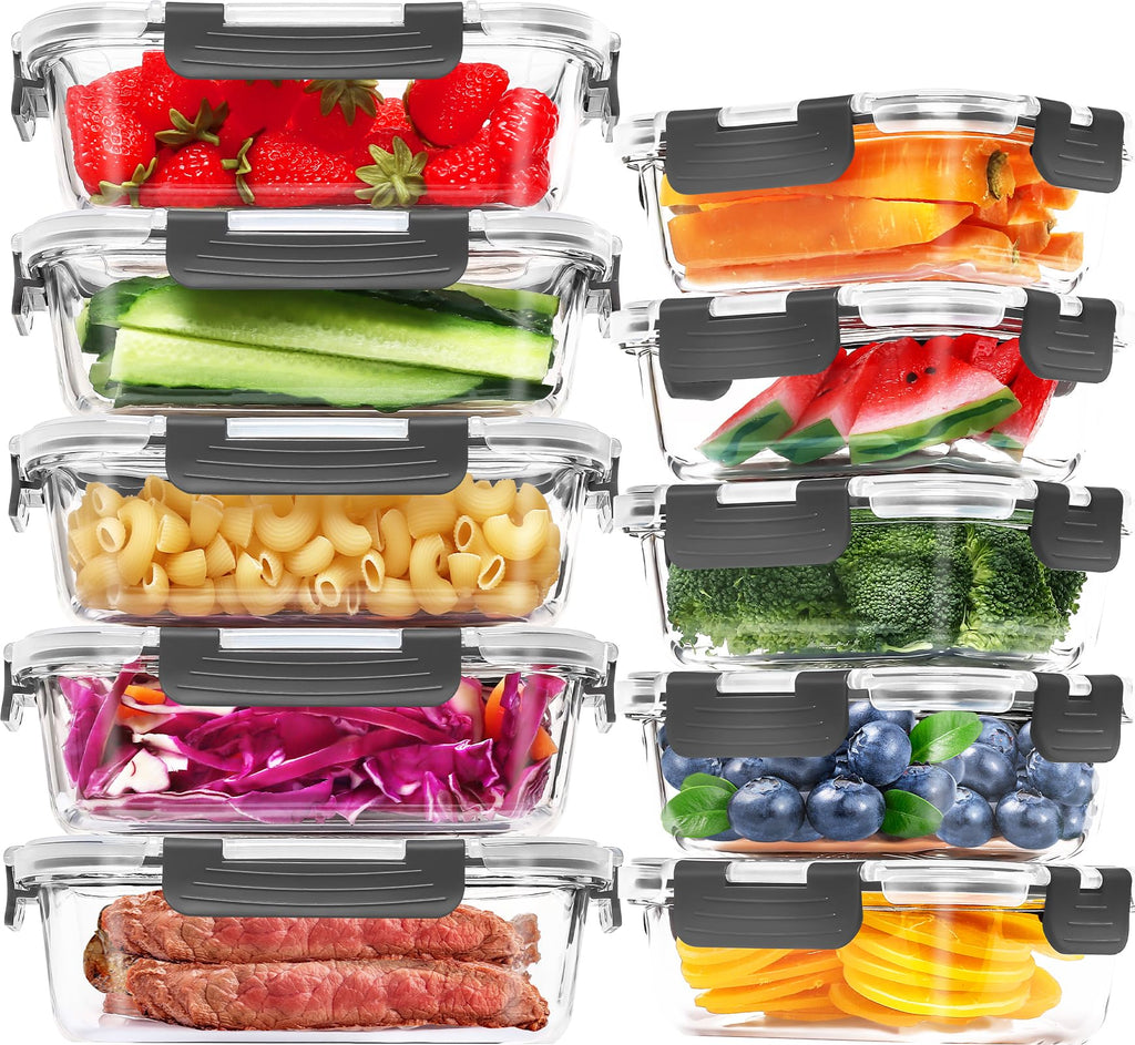 Skroam 10-Pack Glass Meal Prep Containers, Food Storage Containers with Snap Locking Lids, Airtight Bento Boxes for Microwave, Oven, Freezer and Dishwasher