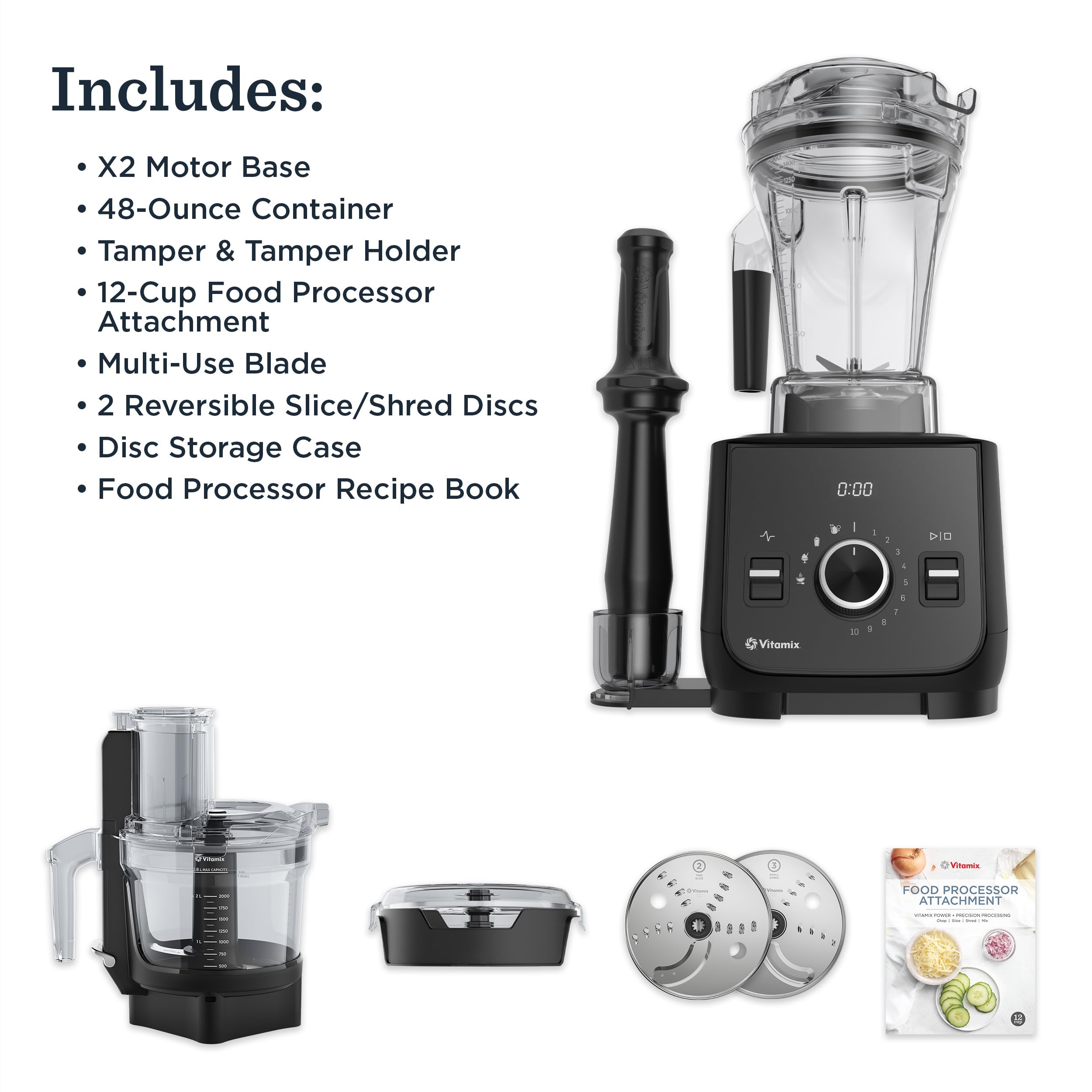 Vitamix Ascent X2 SmartPrep Kitchen System, Professional-Grade Blender, Stainless-Steel Blades, 12-Cup Food Processor Attachment, 48 Oz Blender Container, Black