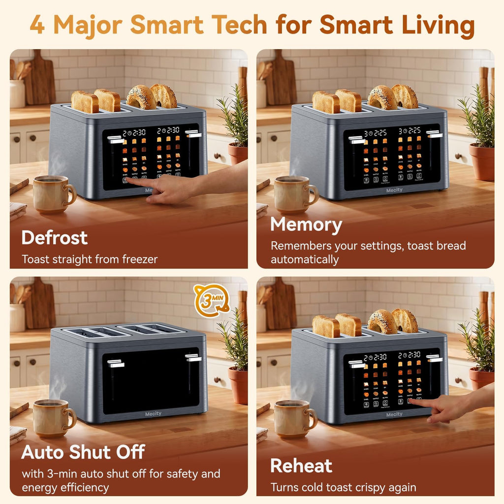 Mecity 4 Slice Touchscreen Toaster, 6 Bread Modes & 6 Browning Levels, Dual Touch Control Wide Slot Stainless Steel Electric Toaster with Memory, Defrost, 3-Min Auto Shutoff for White, Bagels, Waffles