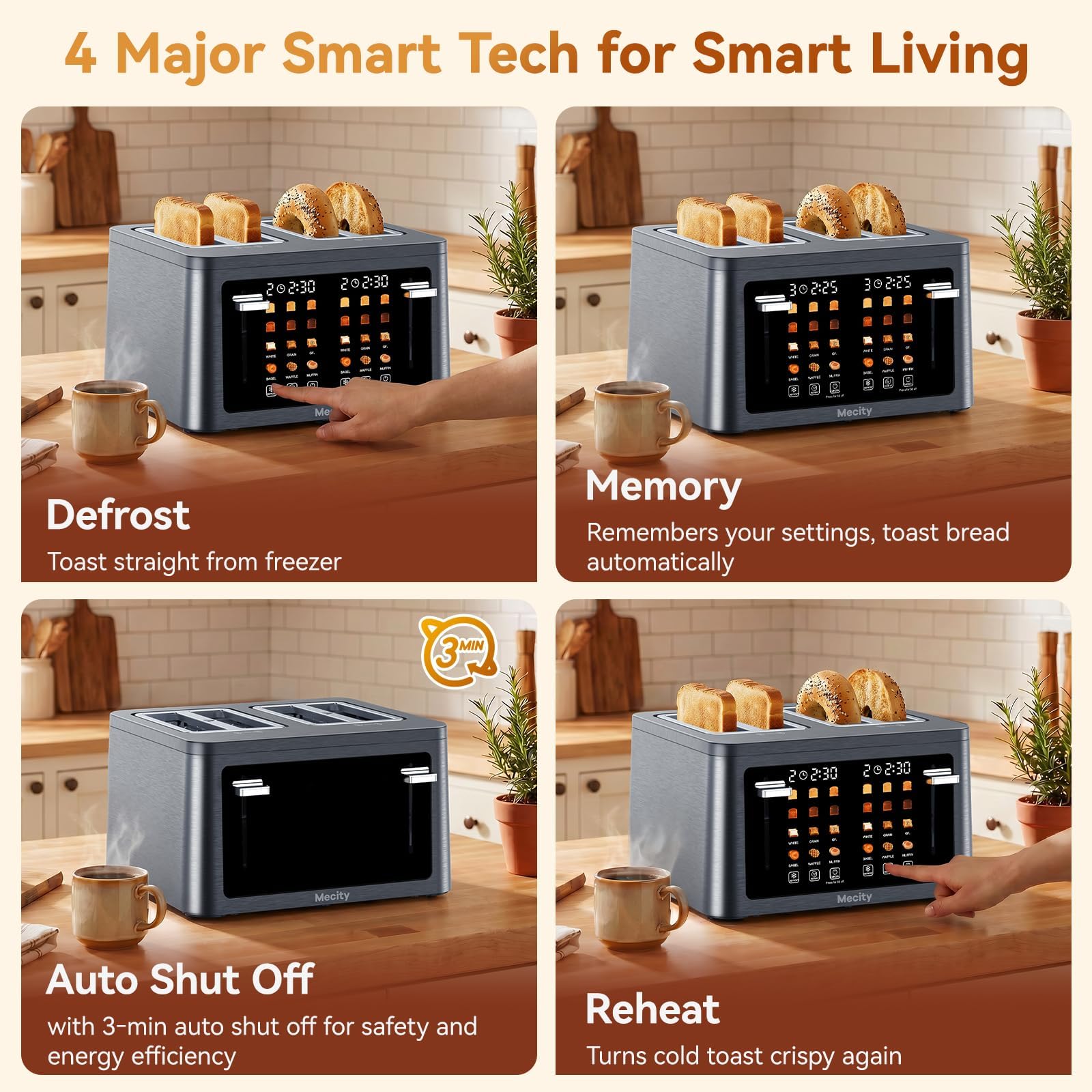 Mecity 4 Slice Touchscreen Toaster, 6 Bread Modes & 6 Browning Levels, Dual Touch Control Wide Slot Stainless Steel Electric Toaster with Memory, Defrost, 3-Min Auto Shutoff for White, Bagels, Waffles