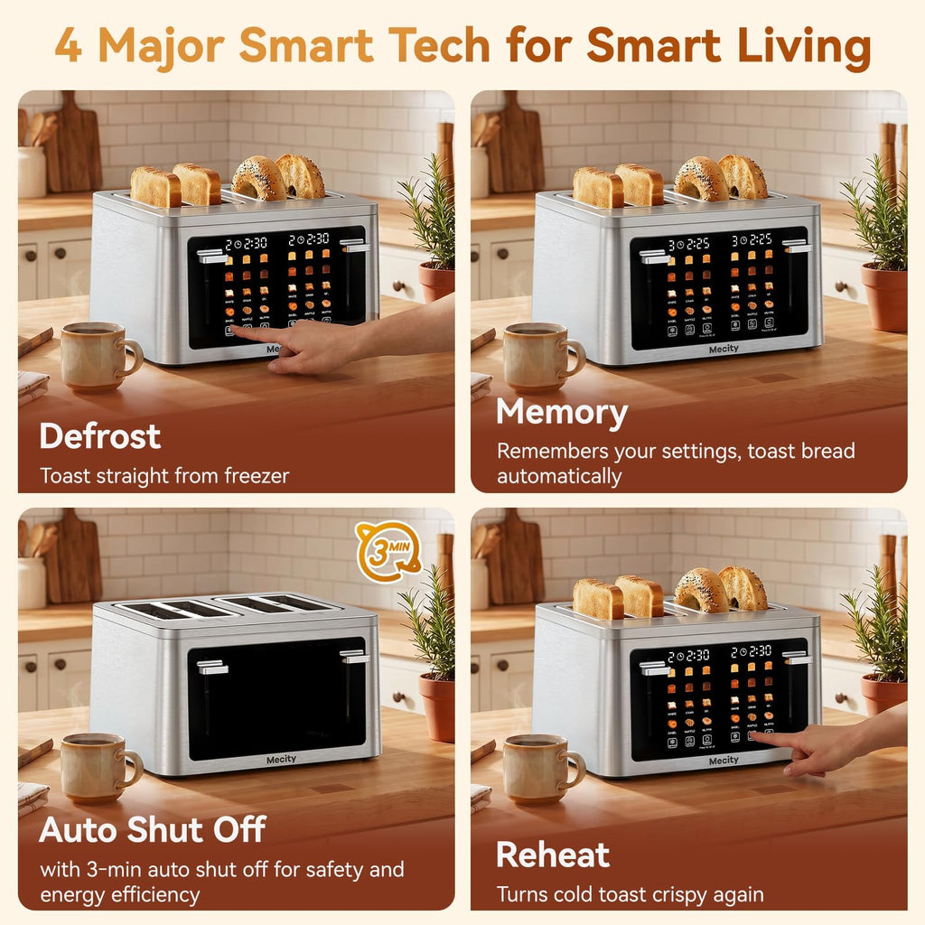 Mecity 4 Slice Touchscreen Toaster, 6 Bread Modes & 6 Browning Levels, Dual Touch Control Wide Slot Stainless Steel Electric Toaster with Memory, Defrost, 3-Min Auto Shutoff for White, Bagels, Waffles