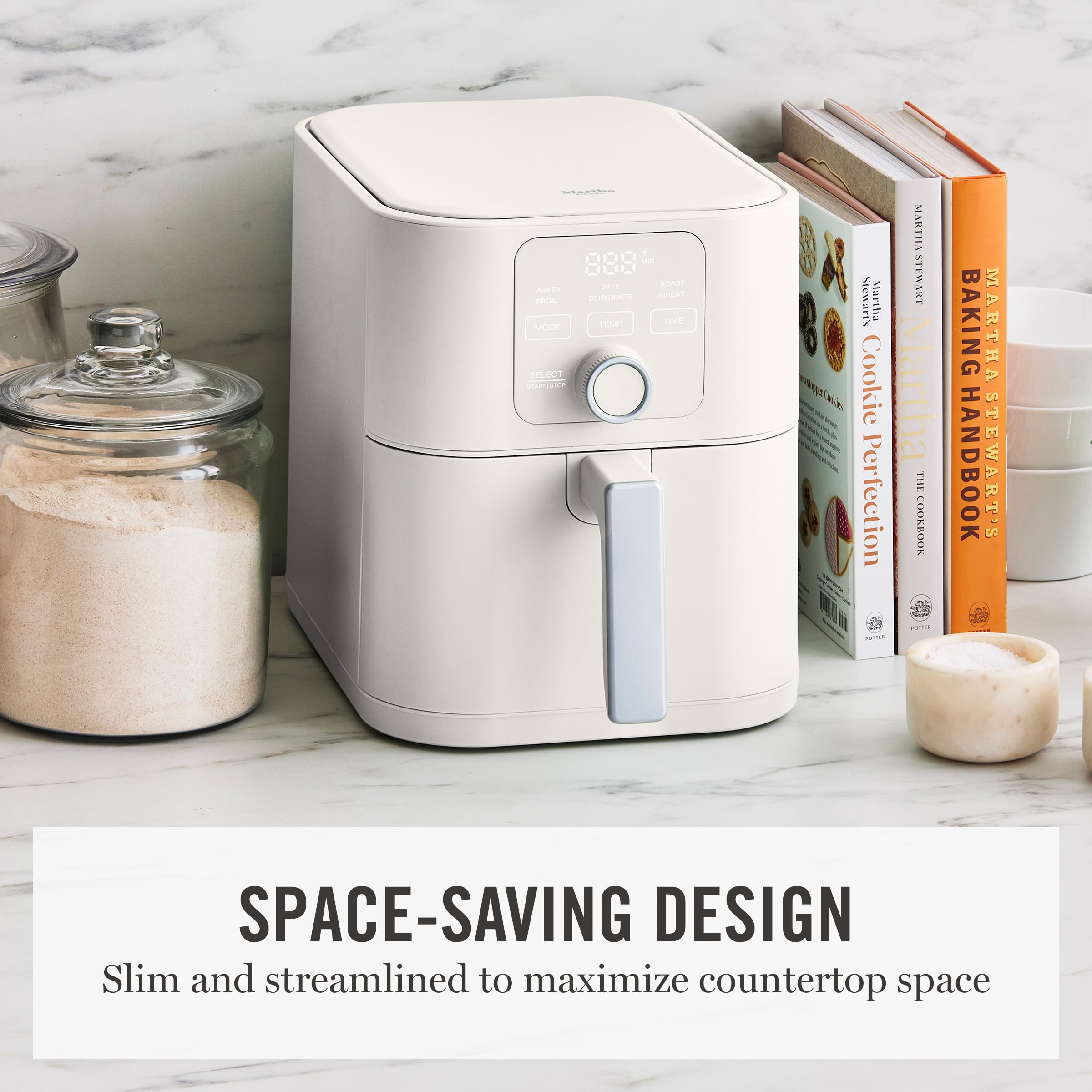 Martha Stewart 6QT Air Fryer, 6-in-1, Bake, Broil, Roast, Air Fry, Dehydrate, Reheat, Ceramic Non-Stick Basket, Crispy Results Fast, 400°F Max Temp, Shake Reminder, Linen Cream