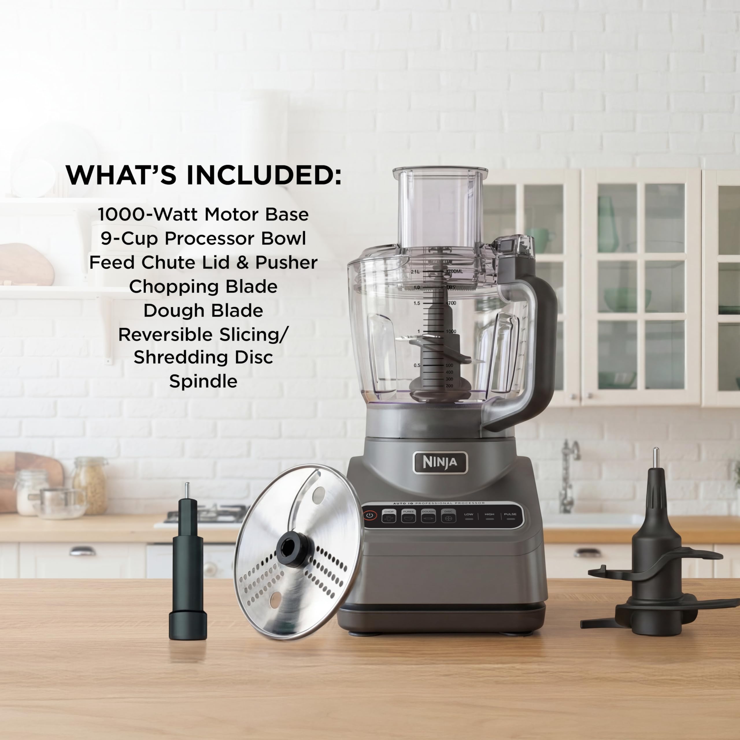Ninja Food Processor, Professional Plus, 1000 Peak Watts, 4 Functions for Chopping, Slicing, Purees & Dough with 9-Cup Processor Bowl, 3 Blades, Food Chute & Pusher, Grey, BN601