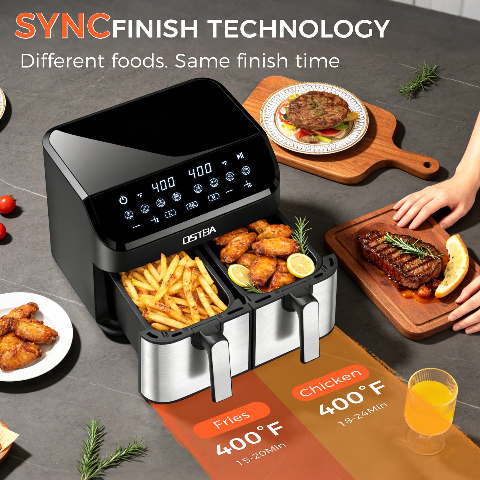 OSTBA 9.5QT Double Air Fryer, 1700W Dual Air Fryer with 2 Independent 4.25QT Stainless Steel Baskets, Digital Touchscreen, Sync Finish, 8 Presets, Auto Shutoff, Nonstick Dishwasher Safe