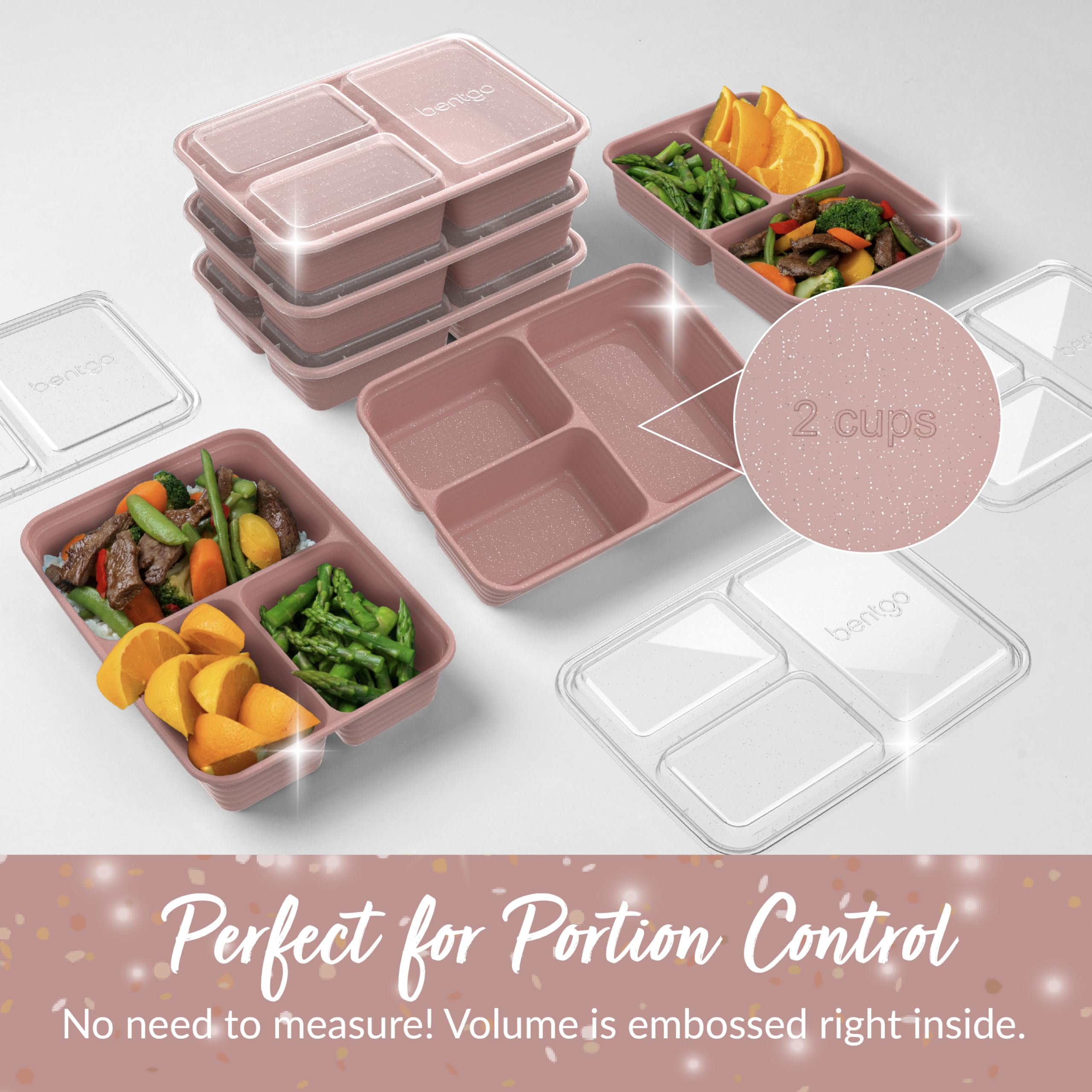 Bentgo Prep - 20-Piece 3-Compartment Reusable Meal Prep Containers with Lids, PFAS & BPA Free Materials, Durable, Microwave, Freezer, & Dishwasher Safe To Go Food Storage (Rosette Glitter)