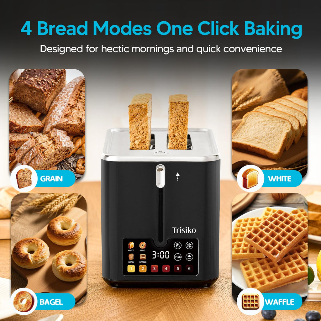 Trisiko Touch Screen Electric Toaster 2 Slice, Stainless Steel Smart Toaster with Digital Timer, 1.38" Extra-Wide Slots for Bread& Bagel, Great for Home, Office,Dorm (Black)