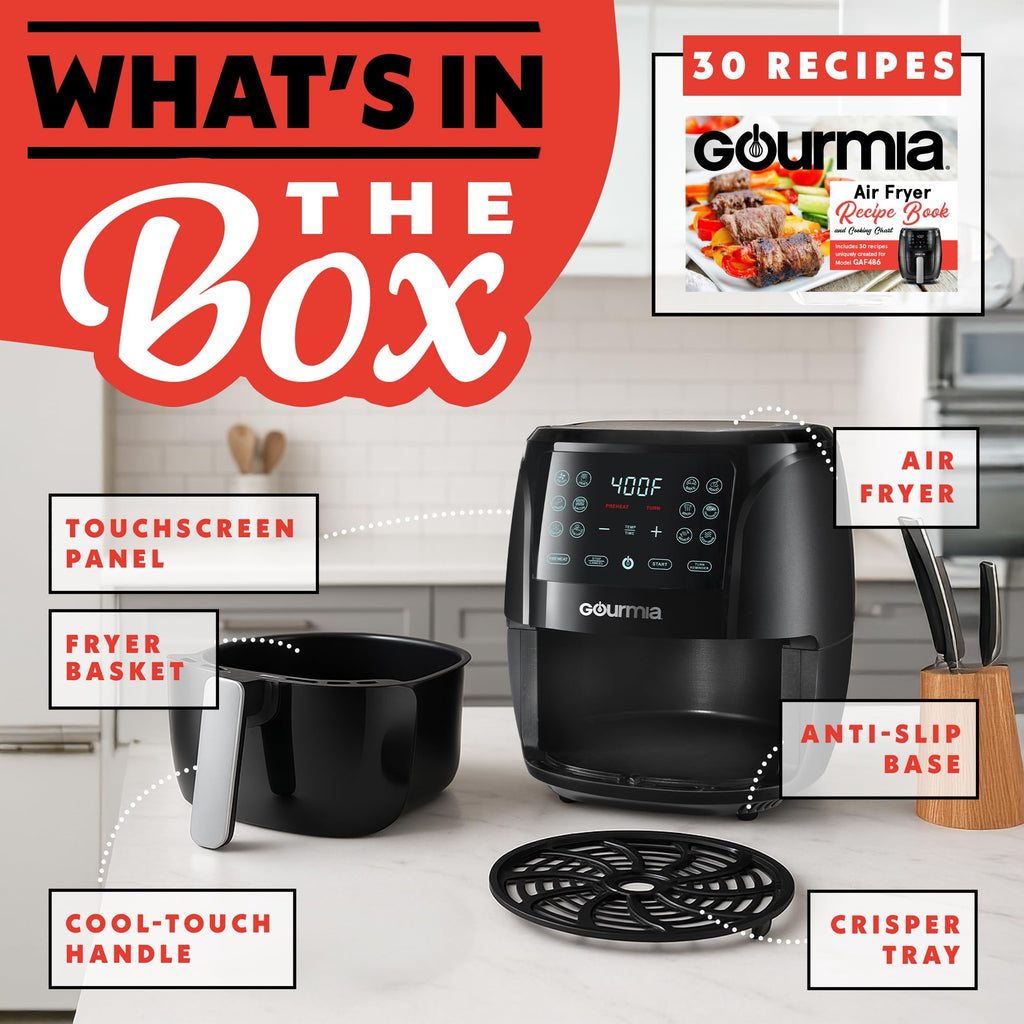 Gourmia Air Fryer - 4 Qt Capacity, FryForce360º, Digital Display with 8 Presets, Roast, Bake, Broil, Dehydrate, Dishwasher Safe Accessories, Compact, Black