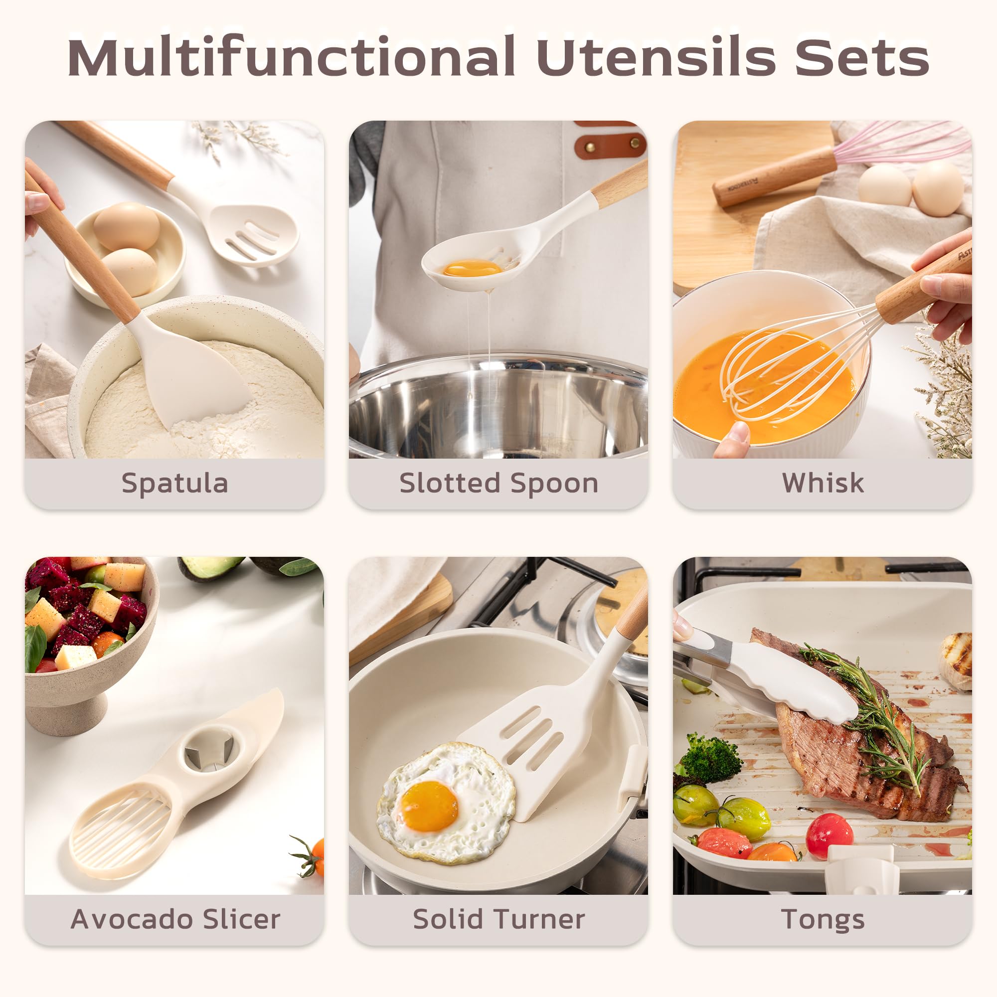 Astercook Kitchen Utensils set, 39 PCS Silicone Cooking Utensils Set with Wooden Handle, 446°F Heat Resistant Food Grade Utensil Sets, BPA Free Kitchen Gadgets Tools Set for Nonstick Cookware (Cream)