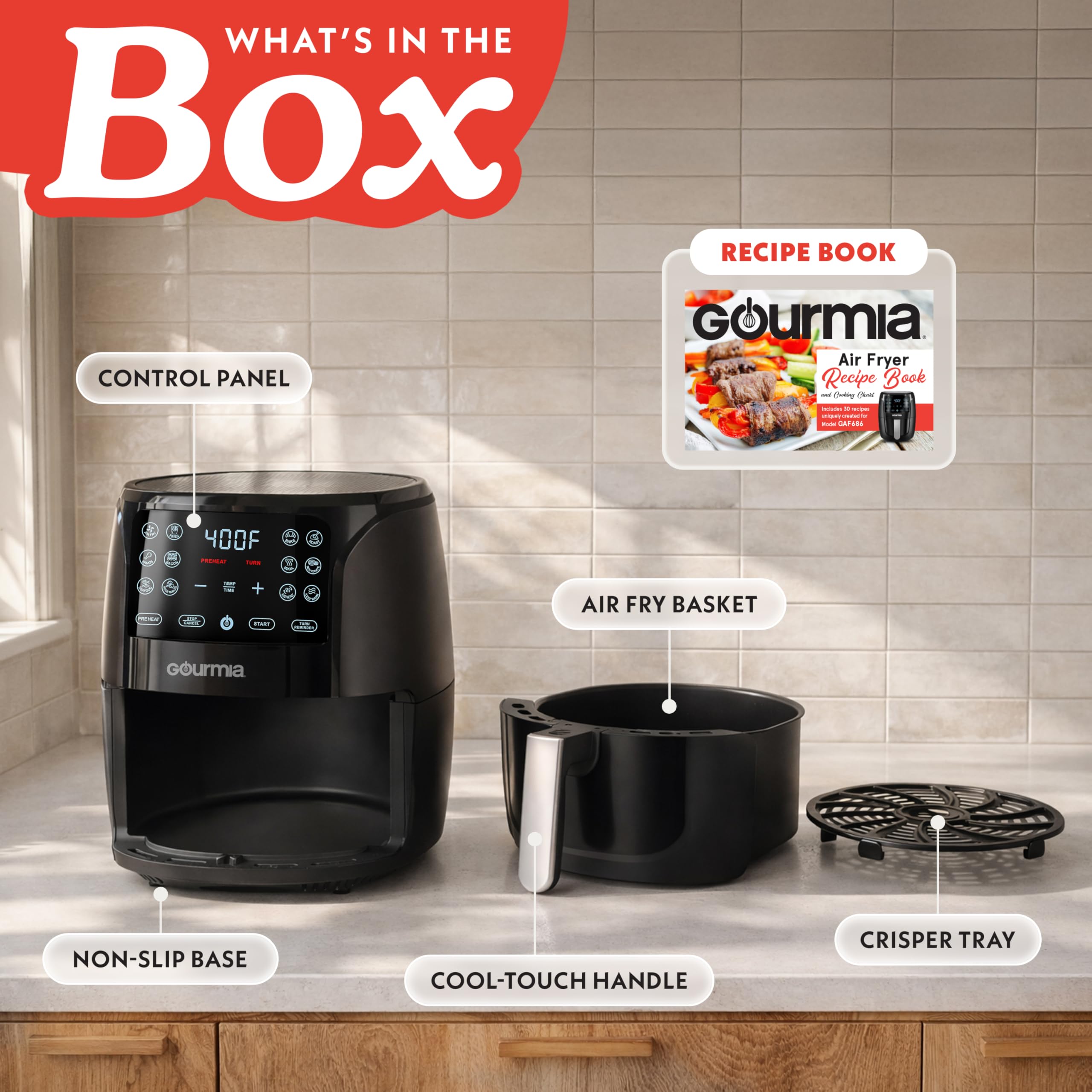Gourmia Air Fryer - 6 Qt Large Capacity, FryForce 360º, Digital Display with 12 Presets, Roast, Bake, Broil, Dehydrate, Dishwasher Safe Accessories, Black