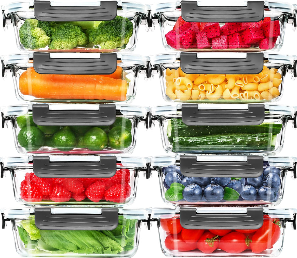 Skroam 10 Pack Glass Meal Prep Containers, 22 OZ Glass Airtight Food Storage Containers with Lids, Pantry Kitchen Storage Containers for Lunch, Food Storage, Meal Prep, Lunch Bento Boxes
