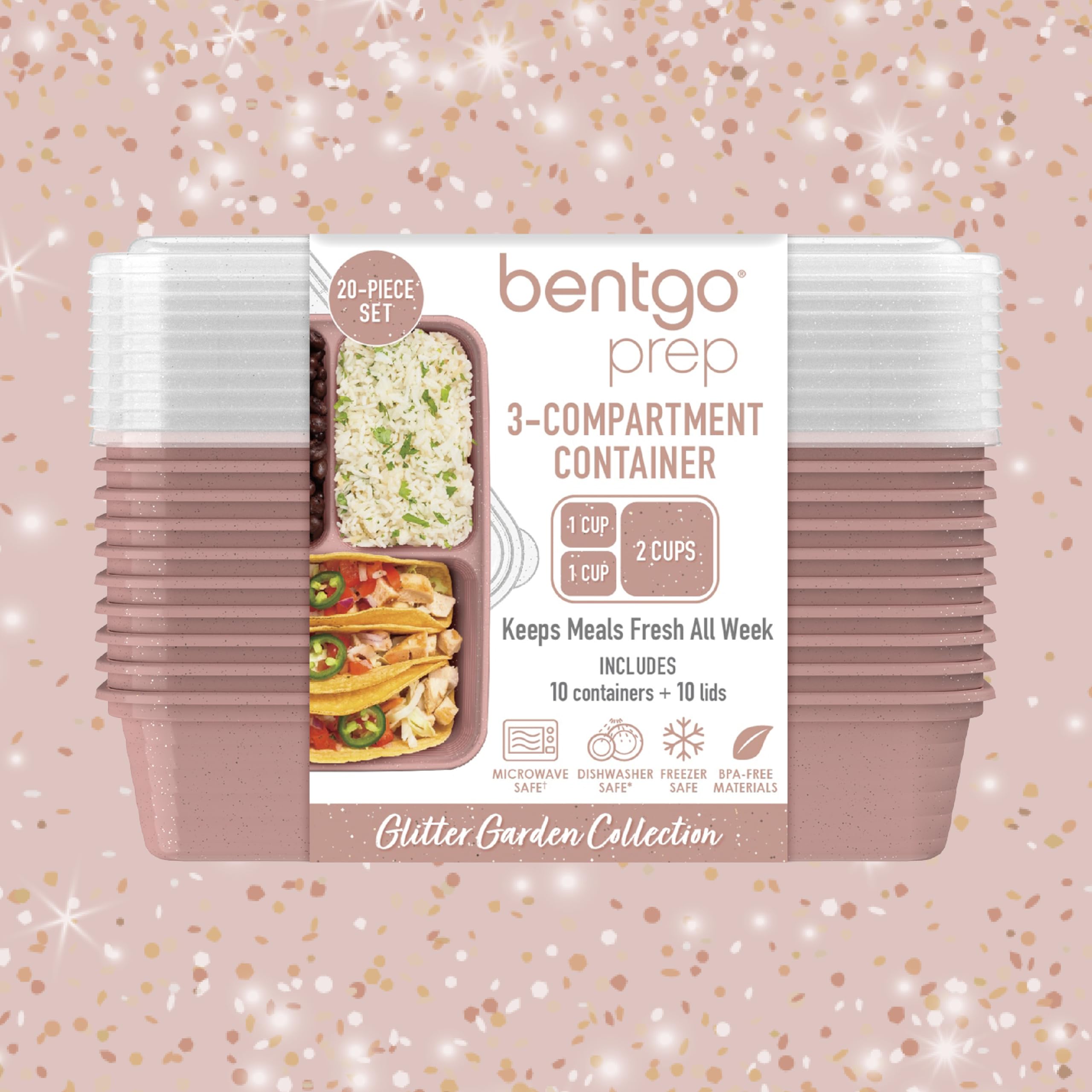 Bentgo Prep - 20-Piece 3-Compartment Reusable Meal Prep Containers with Lids, PFAS & BPA Free Materials, Durable, Microwave, Freezer, & Dishwasher Safe To Go Food Storage (Rosette Glitter)